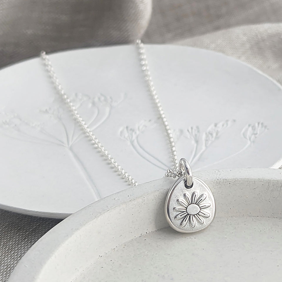 Memorial Ashes Daisy Flower Pebble Charm Necklace | Silver or Gold
