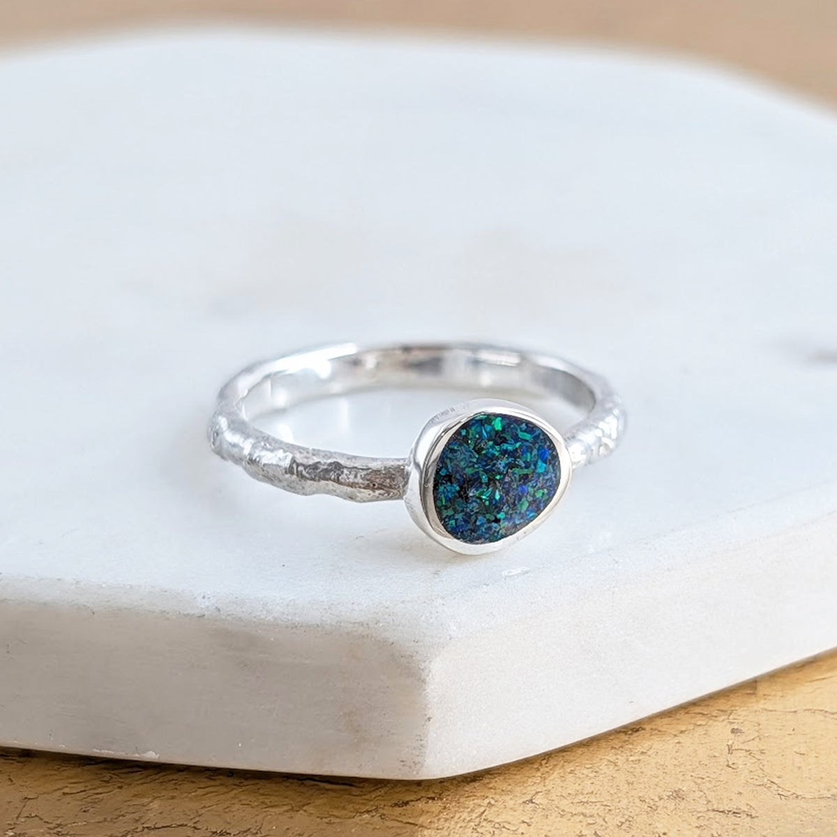 Memorial Ashes Opal Inlaid Ring with organic molten texture - handmade silver ring