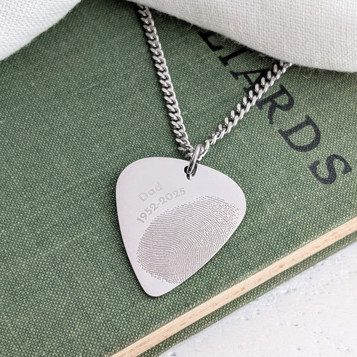 Fingerprint plectrum necklace personalised with name and dates, men’s memorial keepsake