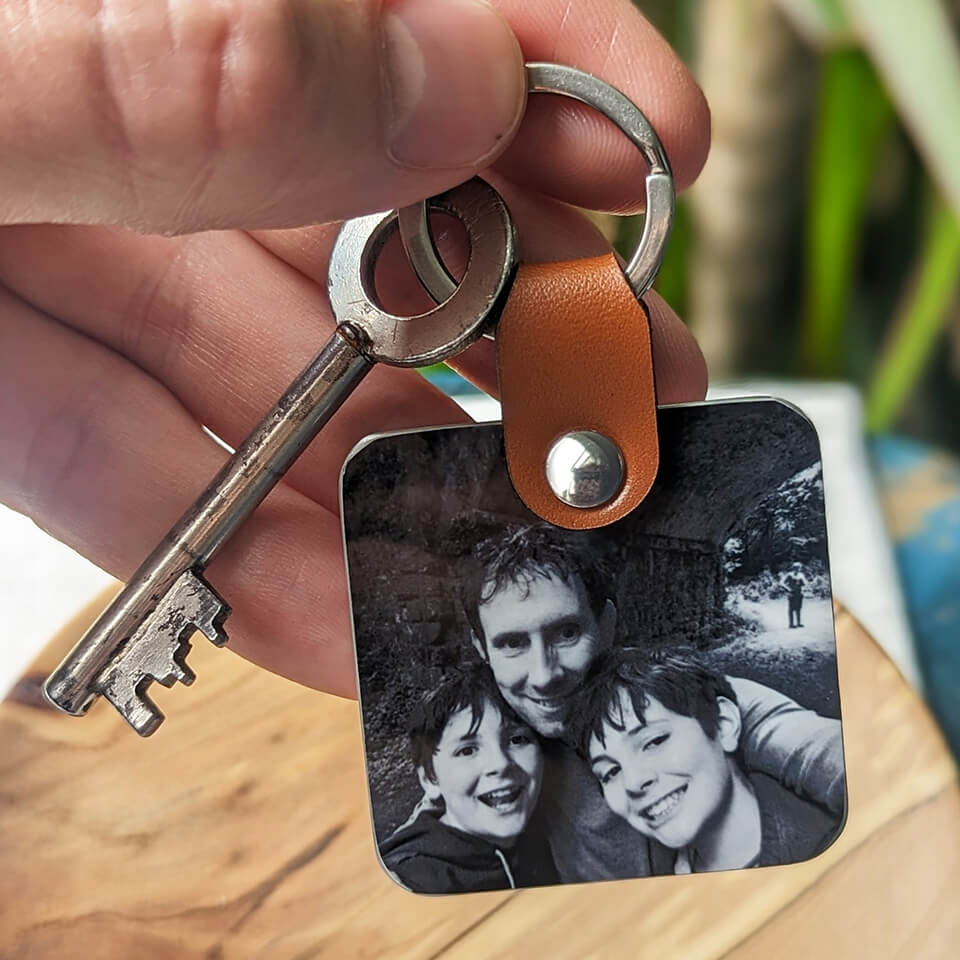 Personalised Photo Keyring with Leather Strap - Father's Day gift