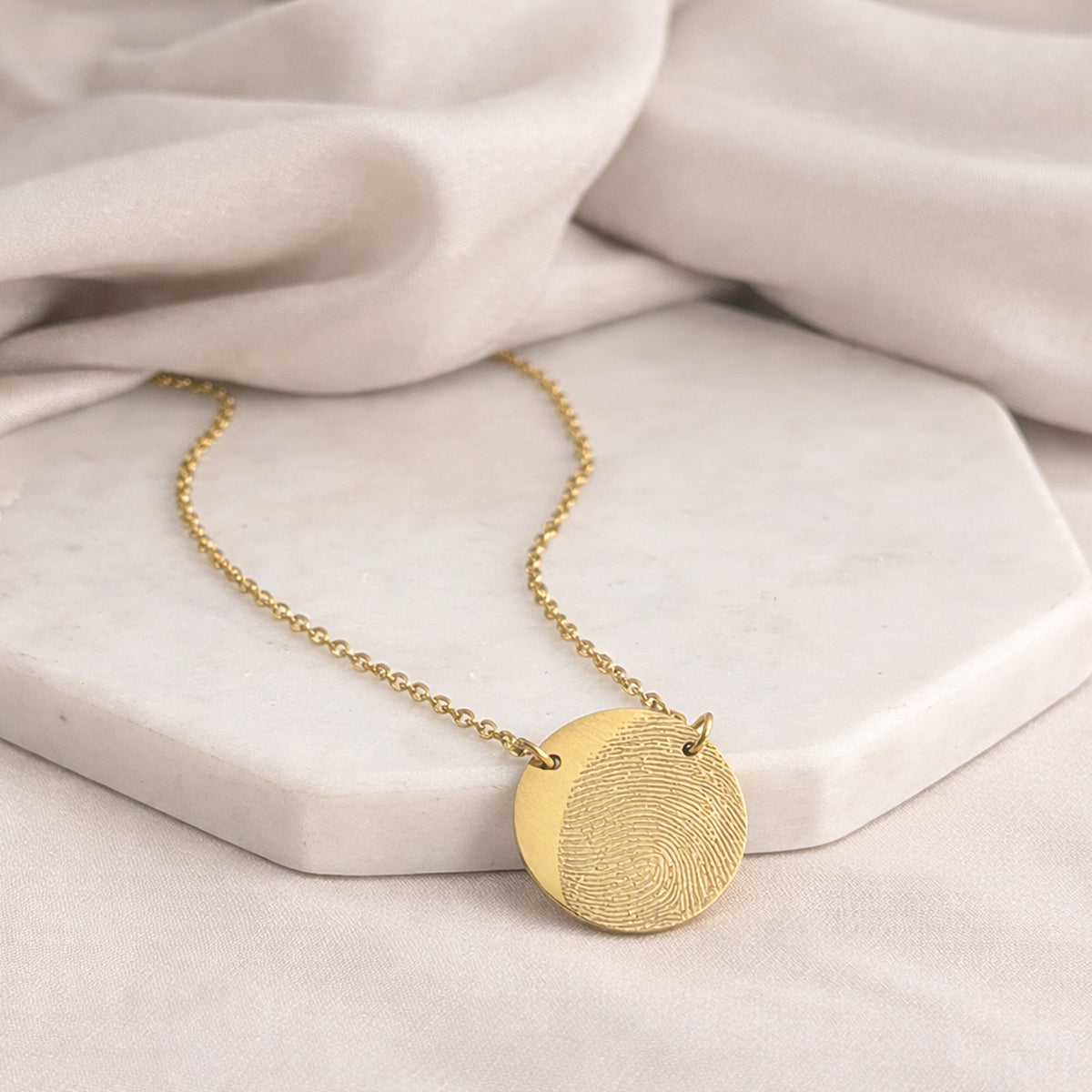 Personalised fingerprint necklace in gold stainless steel, memorial disc pendant on fine chain