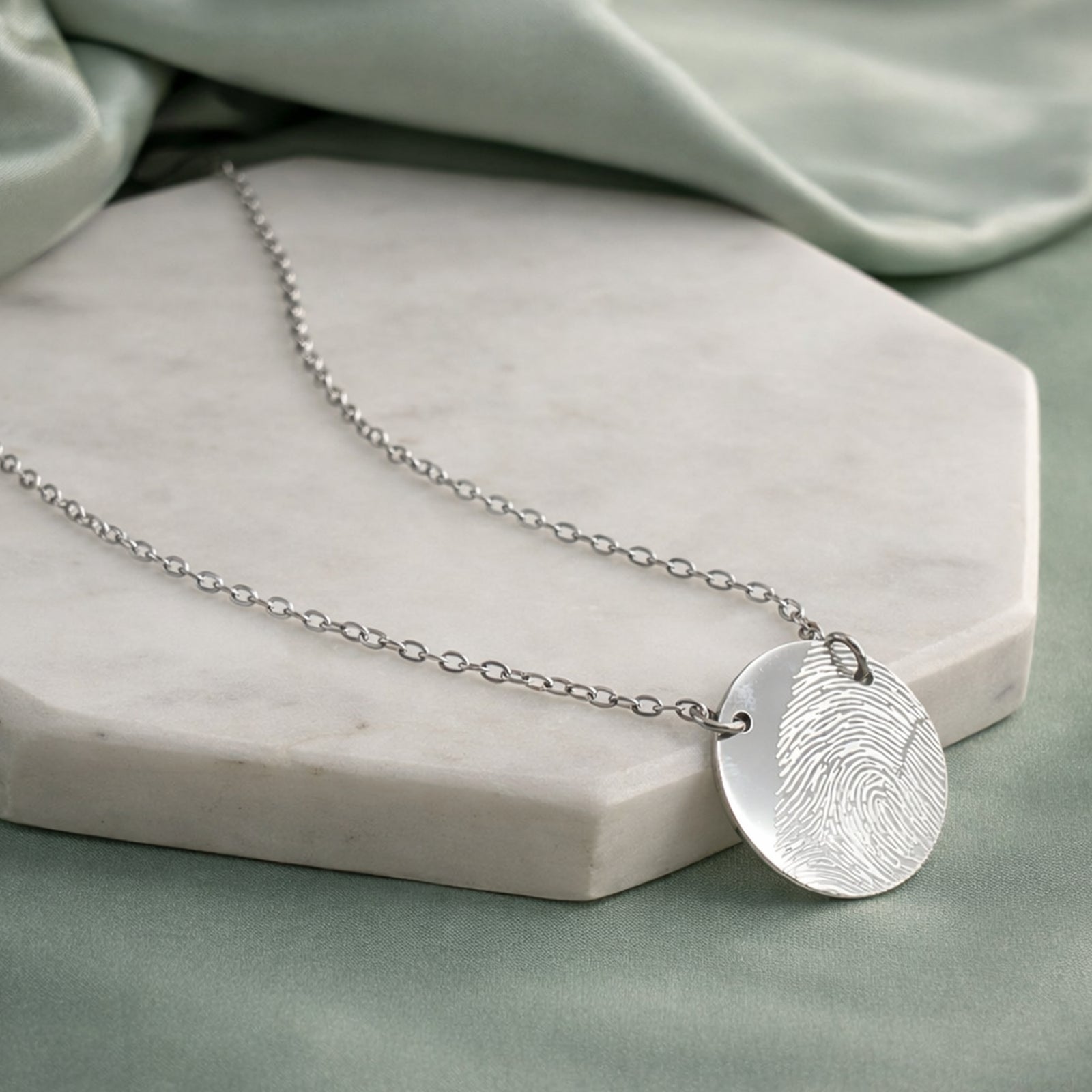 Personalised fingerprint necklace in gold stainless steel, memorial disc pendant on fine chain