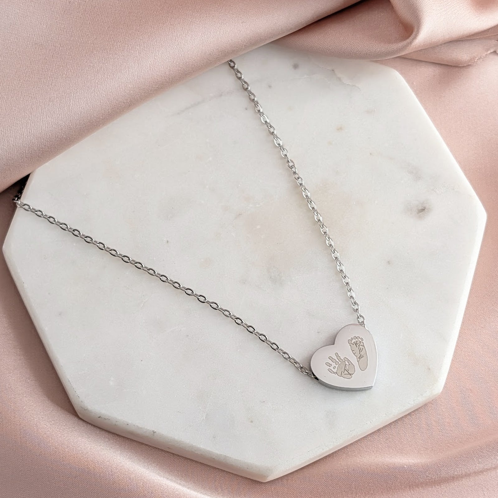 Steel Handprint Footprint Heart Charm Bead Necklace
