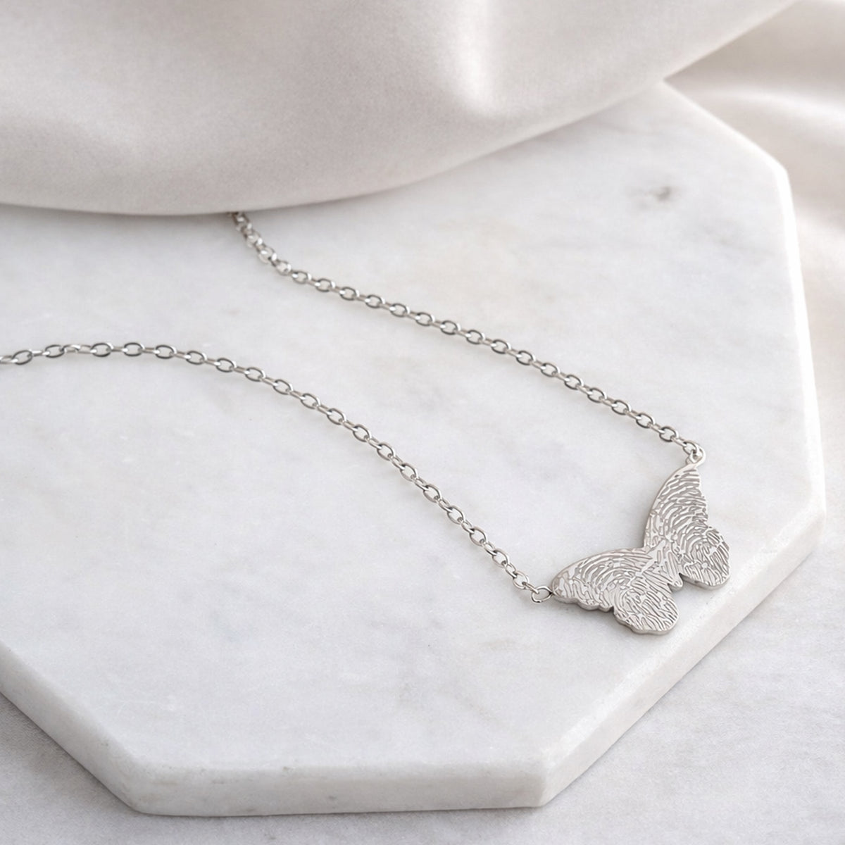 Personalised fingerprint butterfly necklace in silver stainless steel memorial keepsake jewellery