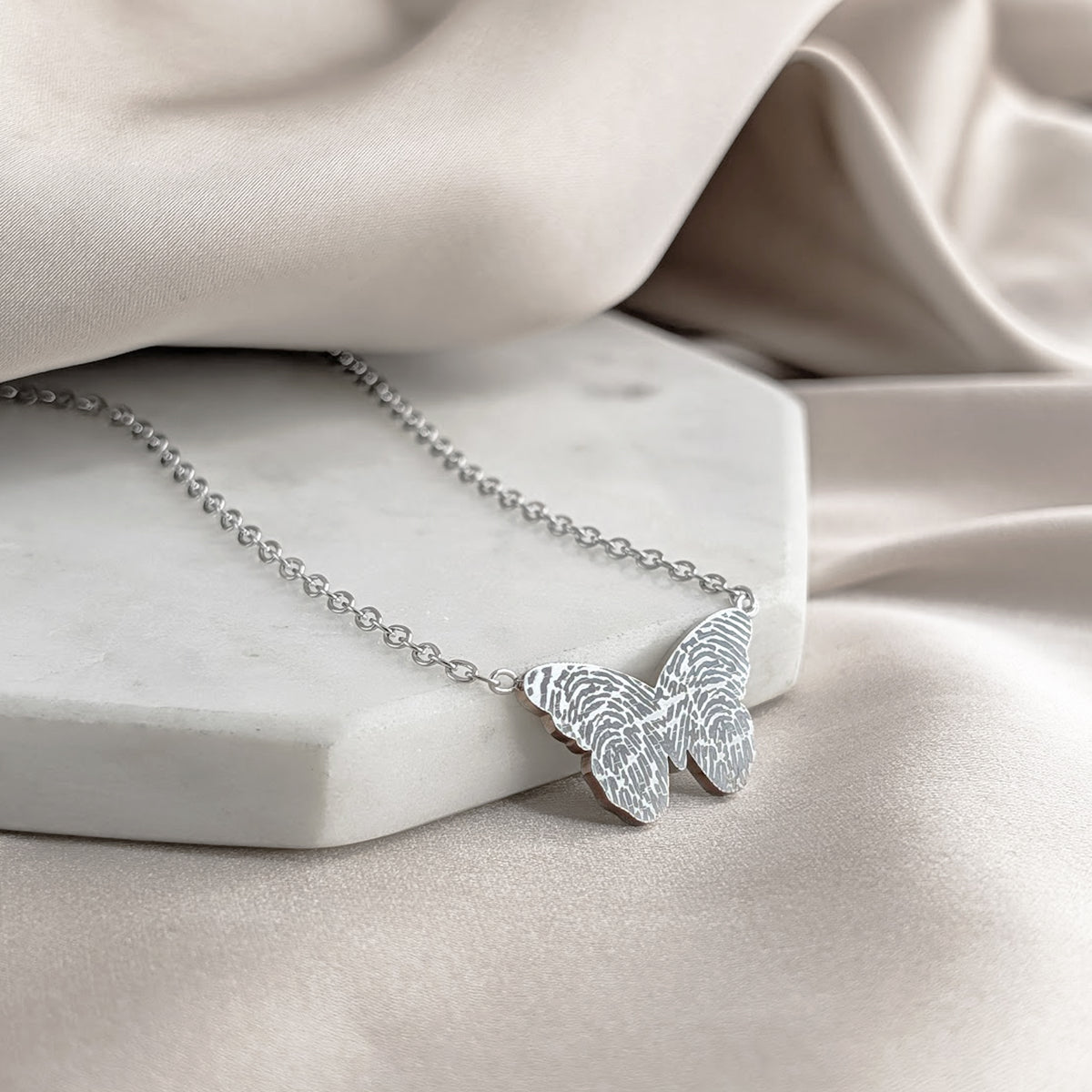 Personalised fingerprint butterfly necklace silver, baby keepsake and memorial jewellery