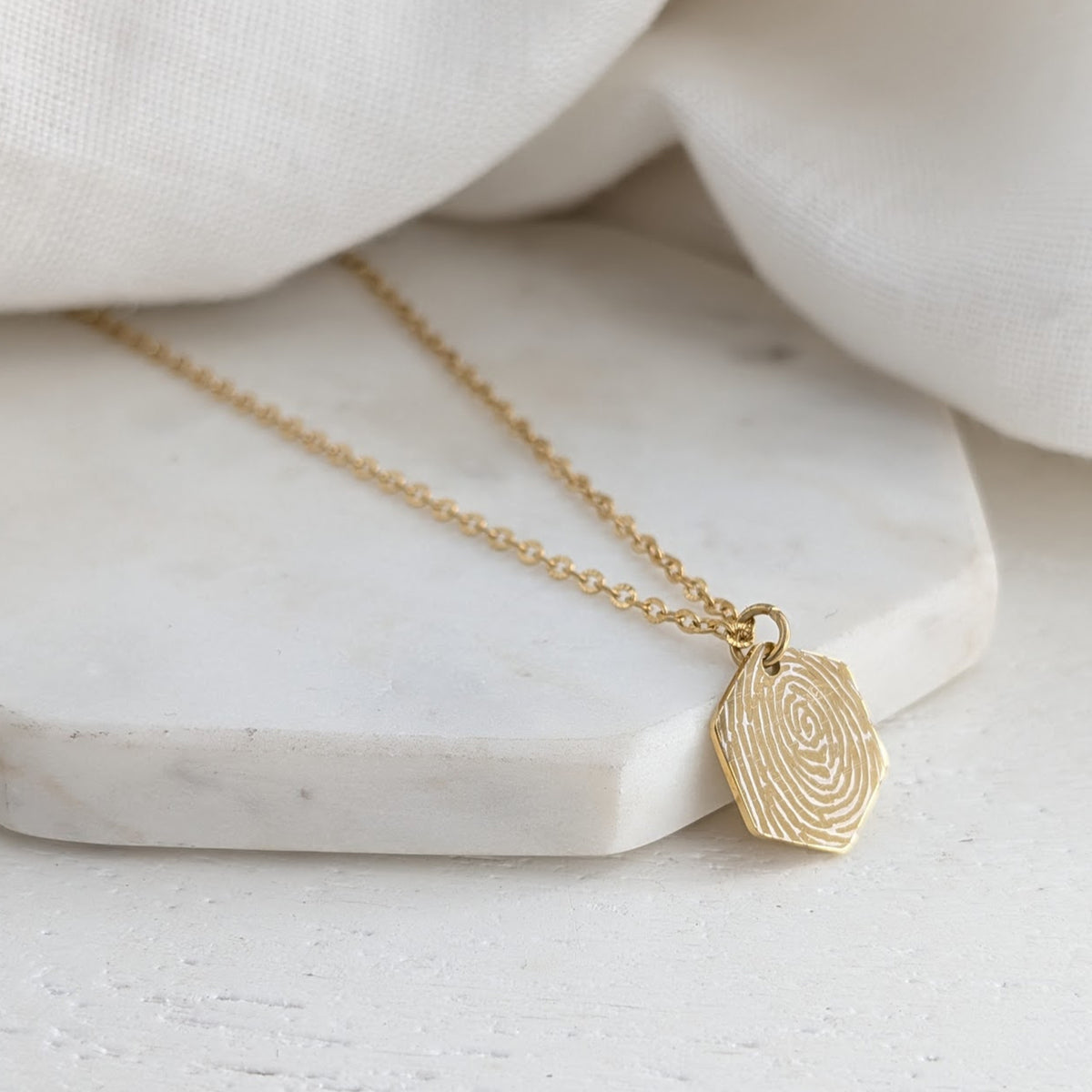 Gold Steel Fingerprint Hexagon Charm Necklace