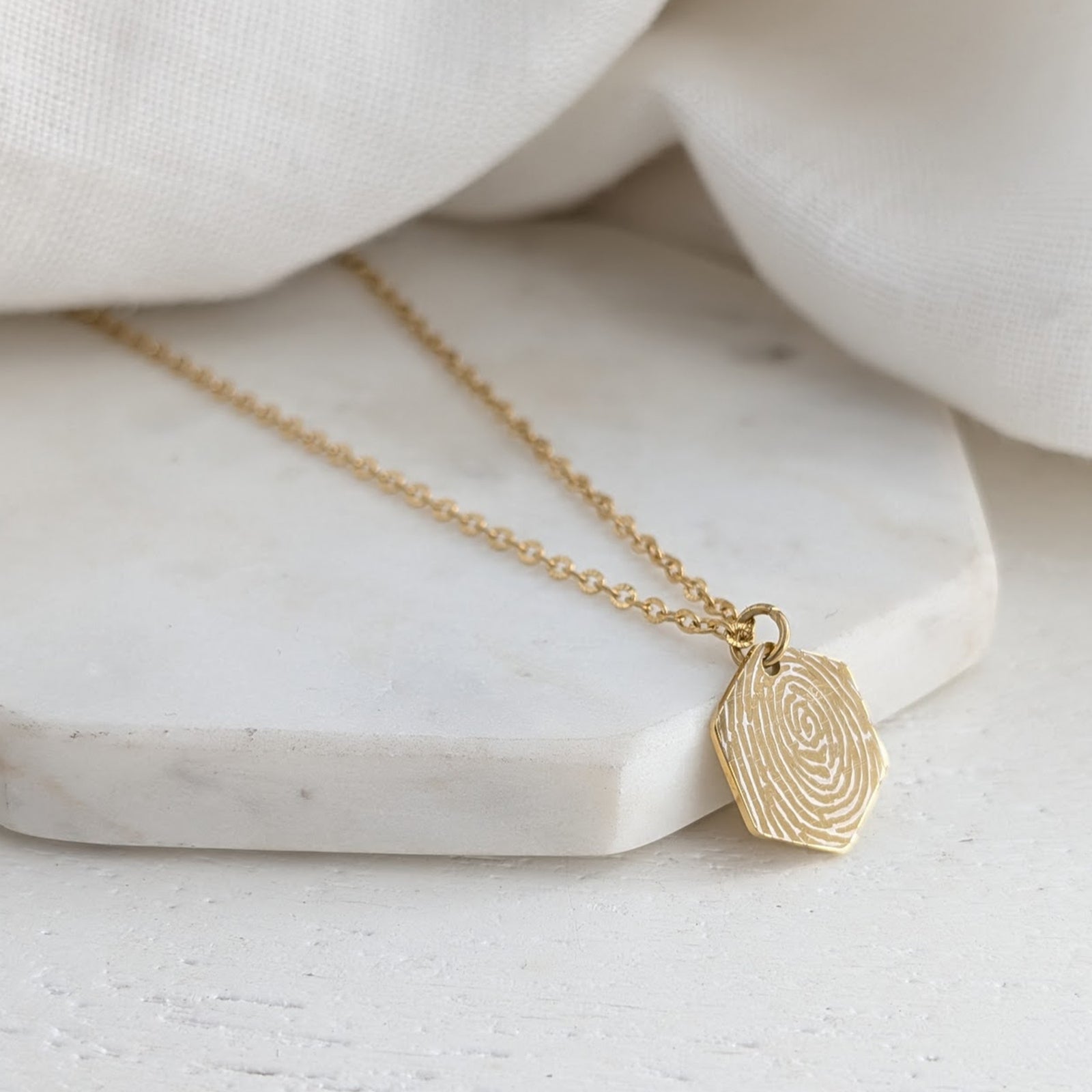 Gold Steel Fingerprint Hexagon Charm Necklace