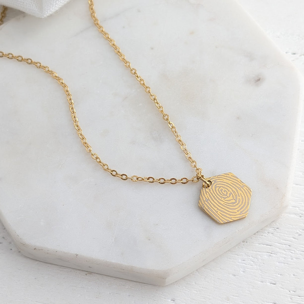 Gold Stainless Steel Fingerprint Hexagon Charm Necklace