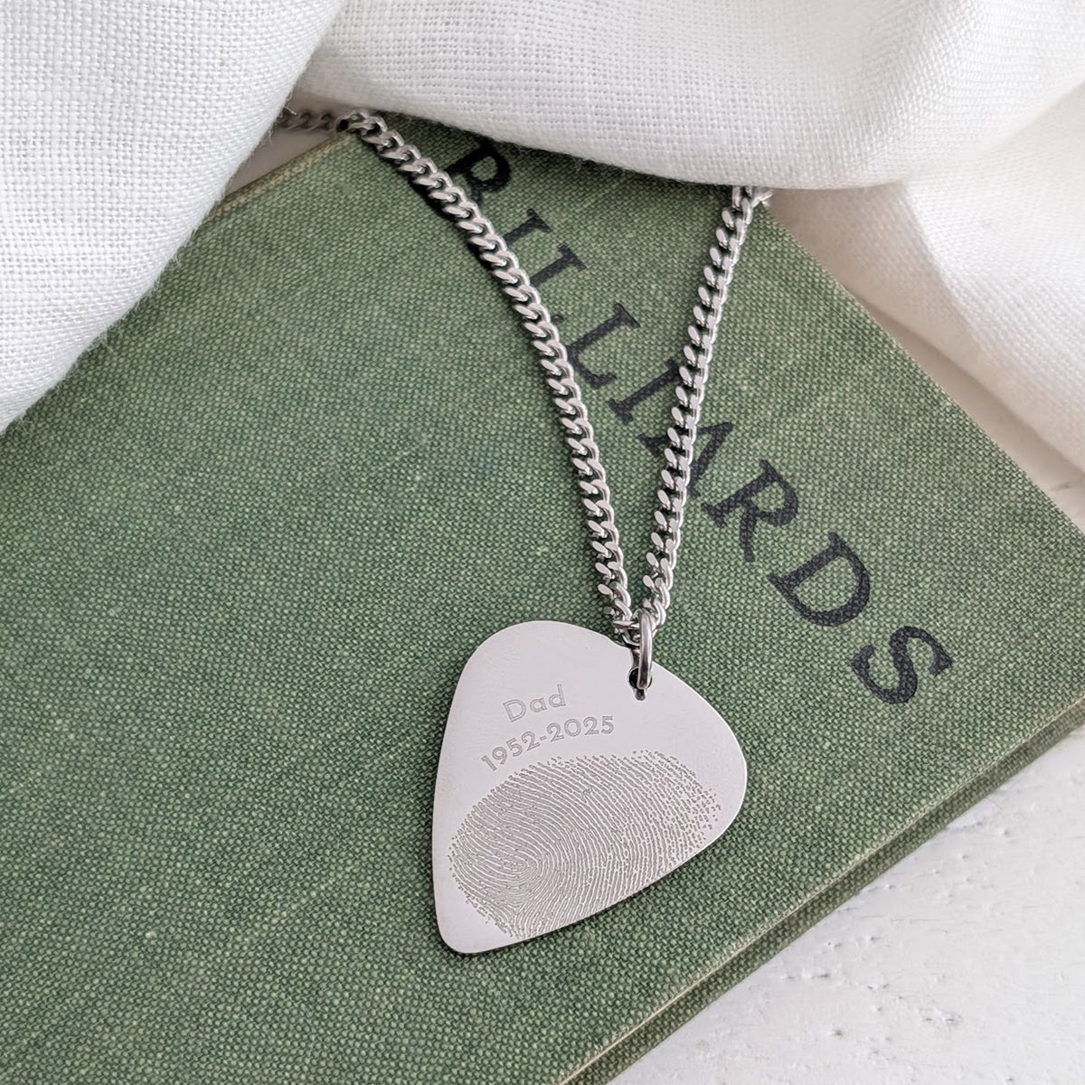 Personalised fingerprint plectrum necklace for men in stainless steel, memorial keepsake jewellery