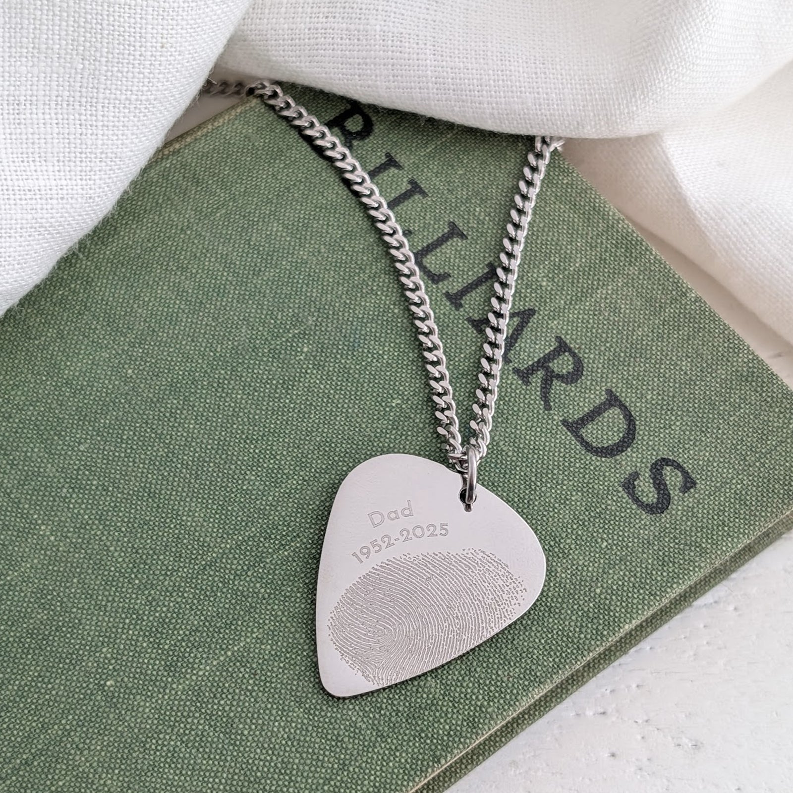 Personalised fingerprint plectrum necklace for men in stainless steel, memorial keepsake jewellery