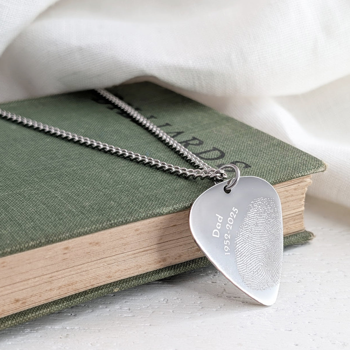 Custom fingerprint guitar pick necklace engraved for dad, stainless steel memorial jewellery