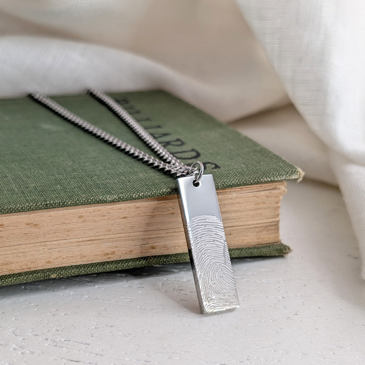 Personalised fingerprint slim tag necklace in silver stainless steel memorial keepsake jewellery