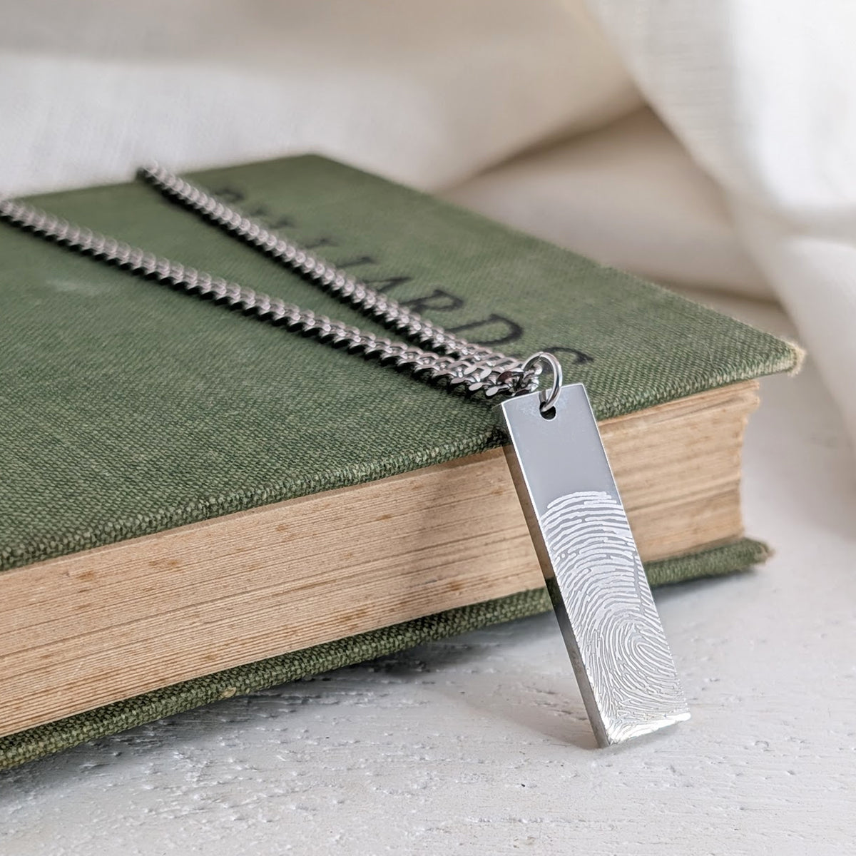 Personalised fingerprint slim bar necklace silver, modern memorial keepsake jewellery