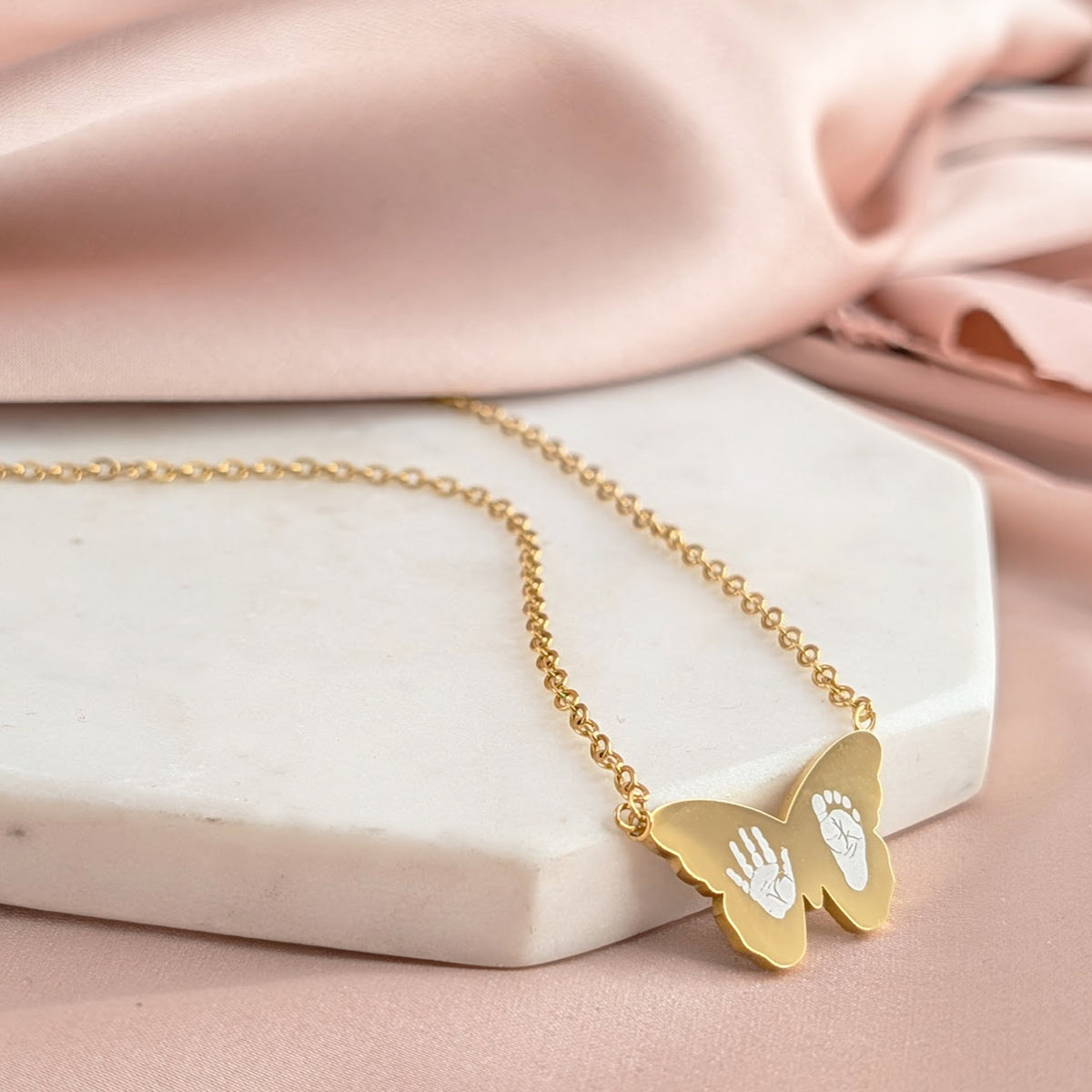 Personalised baby handprint butterfly necklace in gold stainless steel keepsake jewellery