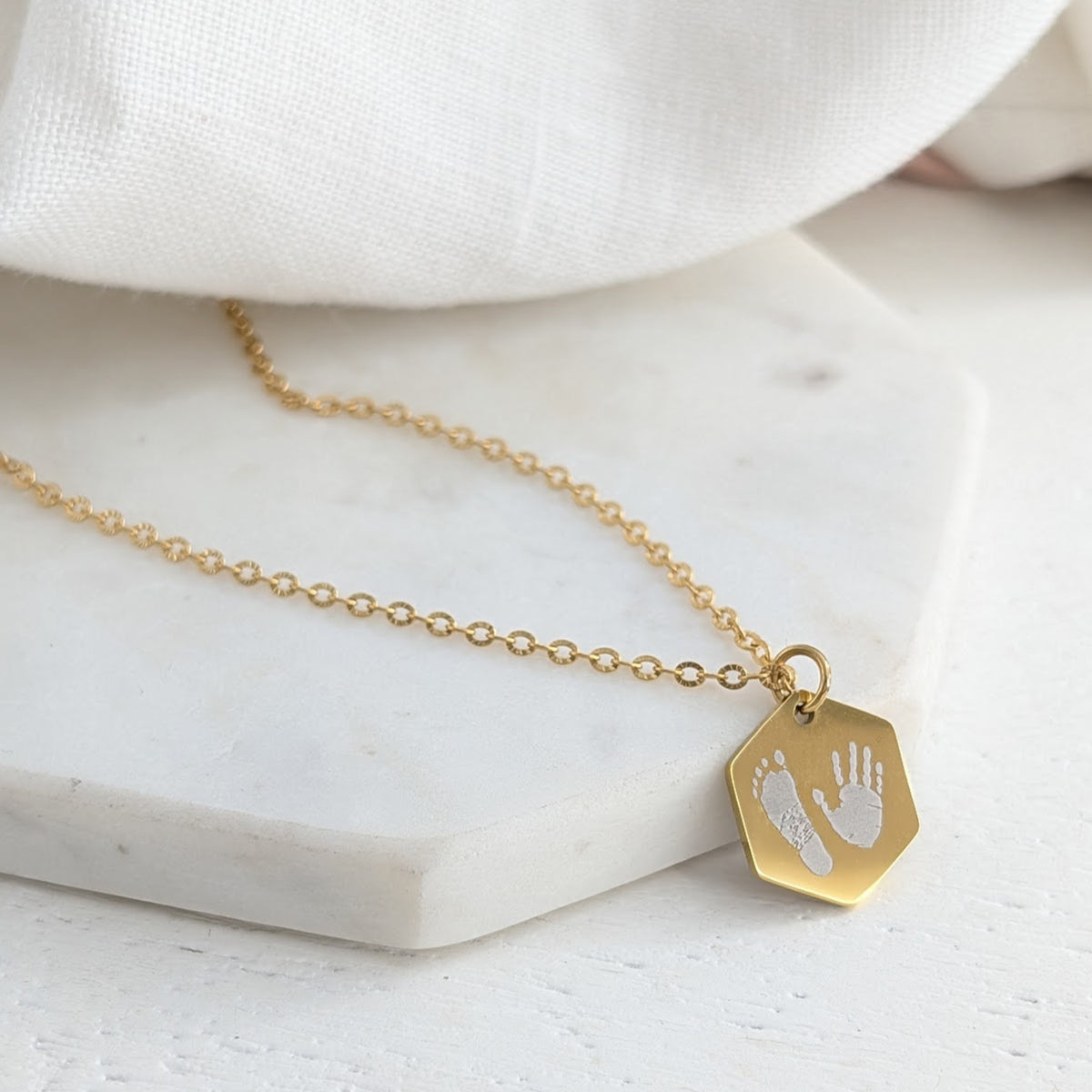 Stainless steel baby handprint and footprint gold hexagon necklace