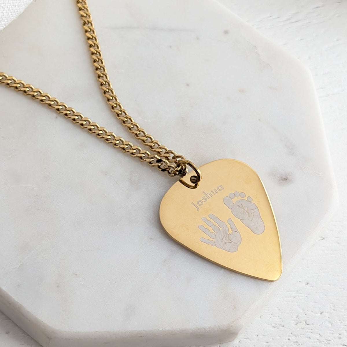 Custom engraved plectrum necklace with baby handprint and footprint keepsake jewellery