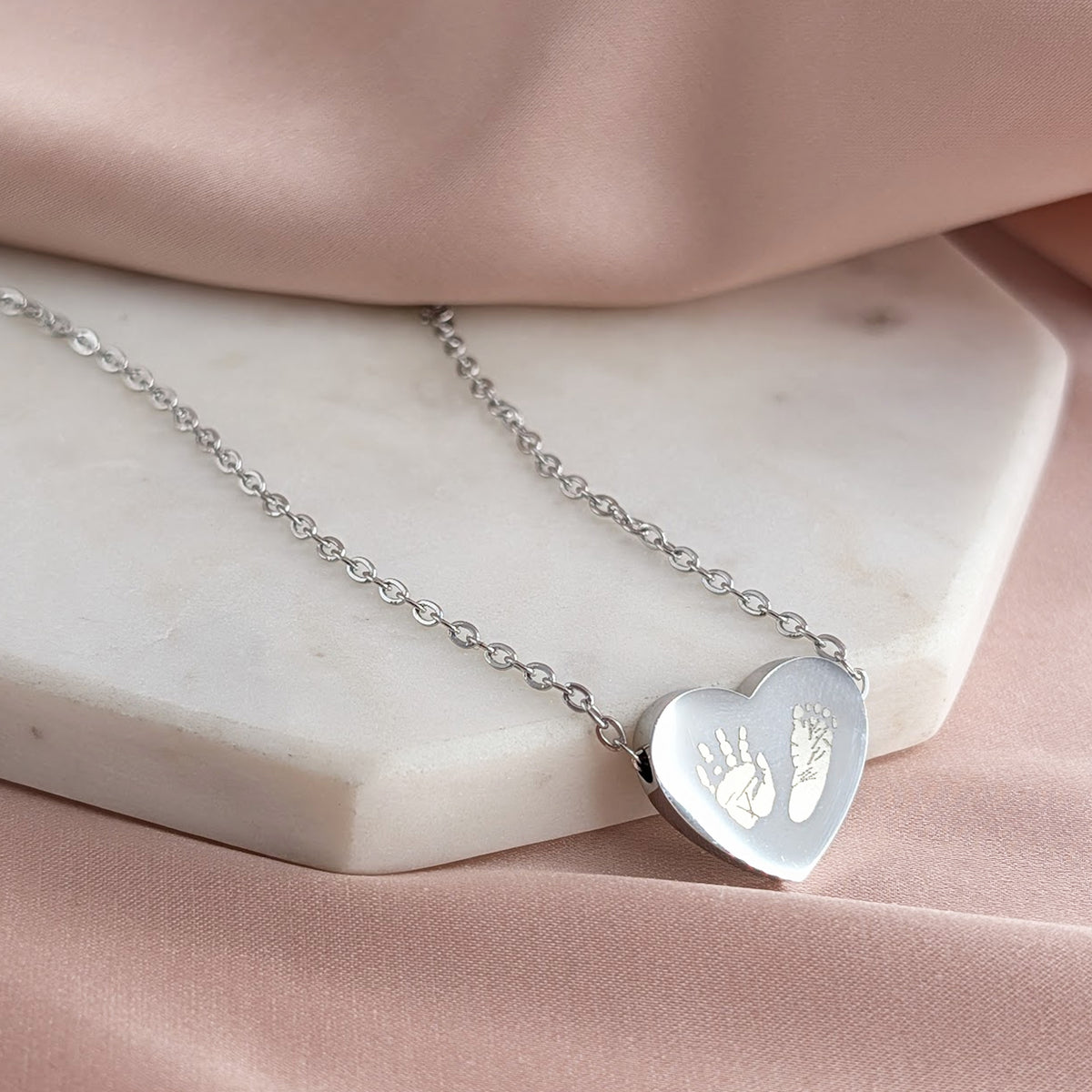 Steel Handprint Footprint Heart Charm Bead Necklace