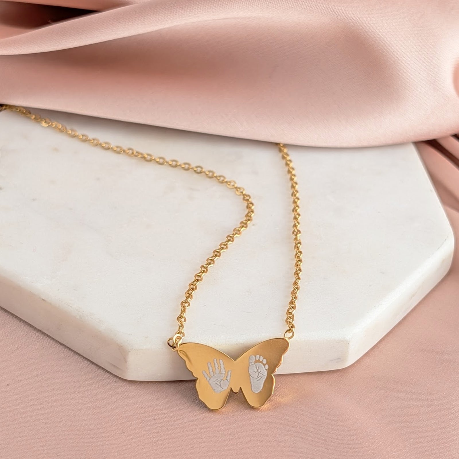 Personalised baby handprint butterfly necklace in gold stainless steel keepsake jewellery