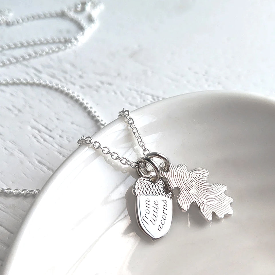 Fingerprint Acorn and Oak Leaf Necklace for Mum