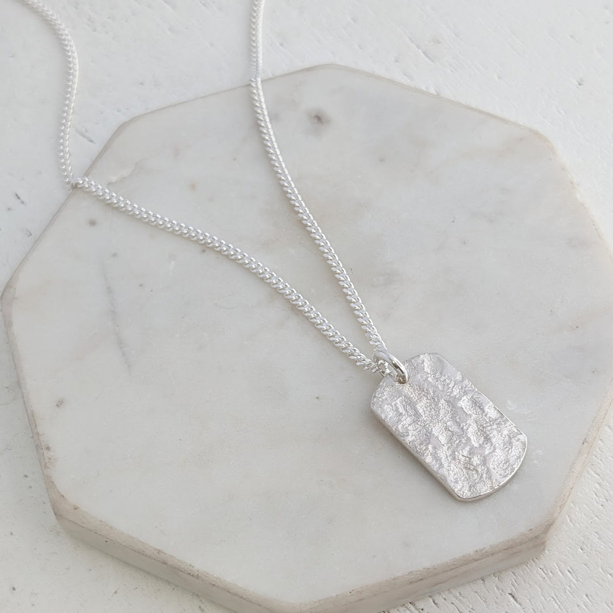 Sterling silver mens memorial dog tag necklace textured with cremation ashes