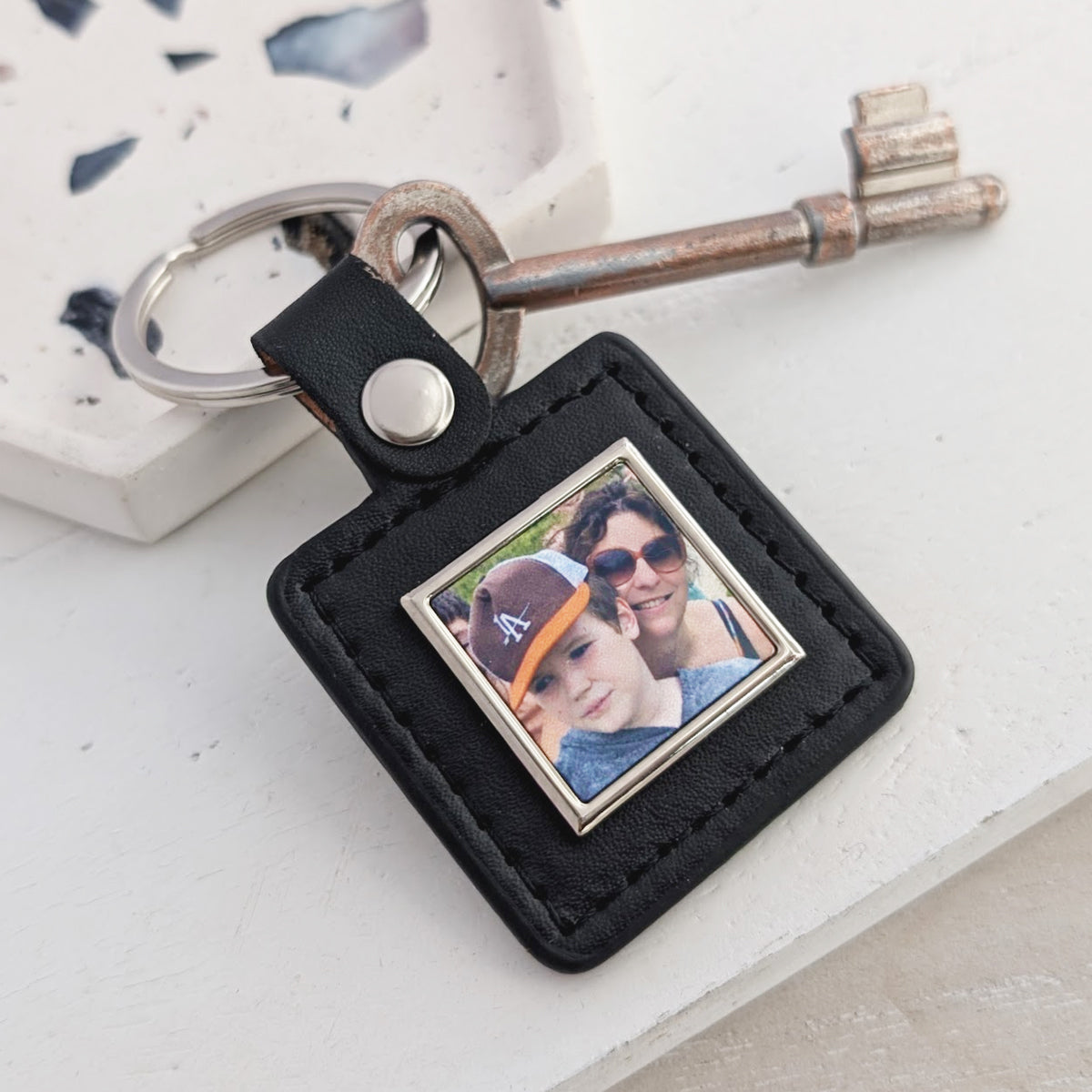 Personalised Black Leather Photo Keyring