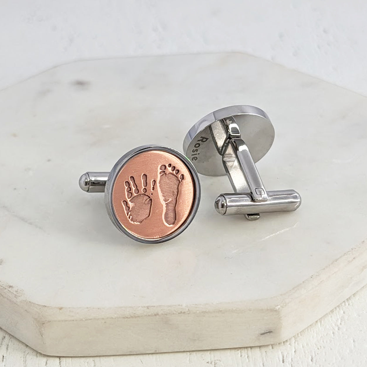 stainless steel and copper cuffinks engraved with your childs own unique handprint and footprint