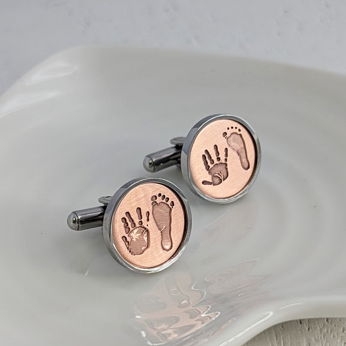 COPPER &amp; STEEL HANDPRINT &amp; FOOTPRINT CUFFLINKS