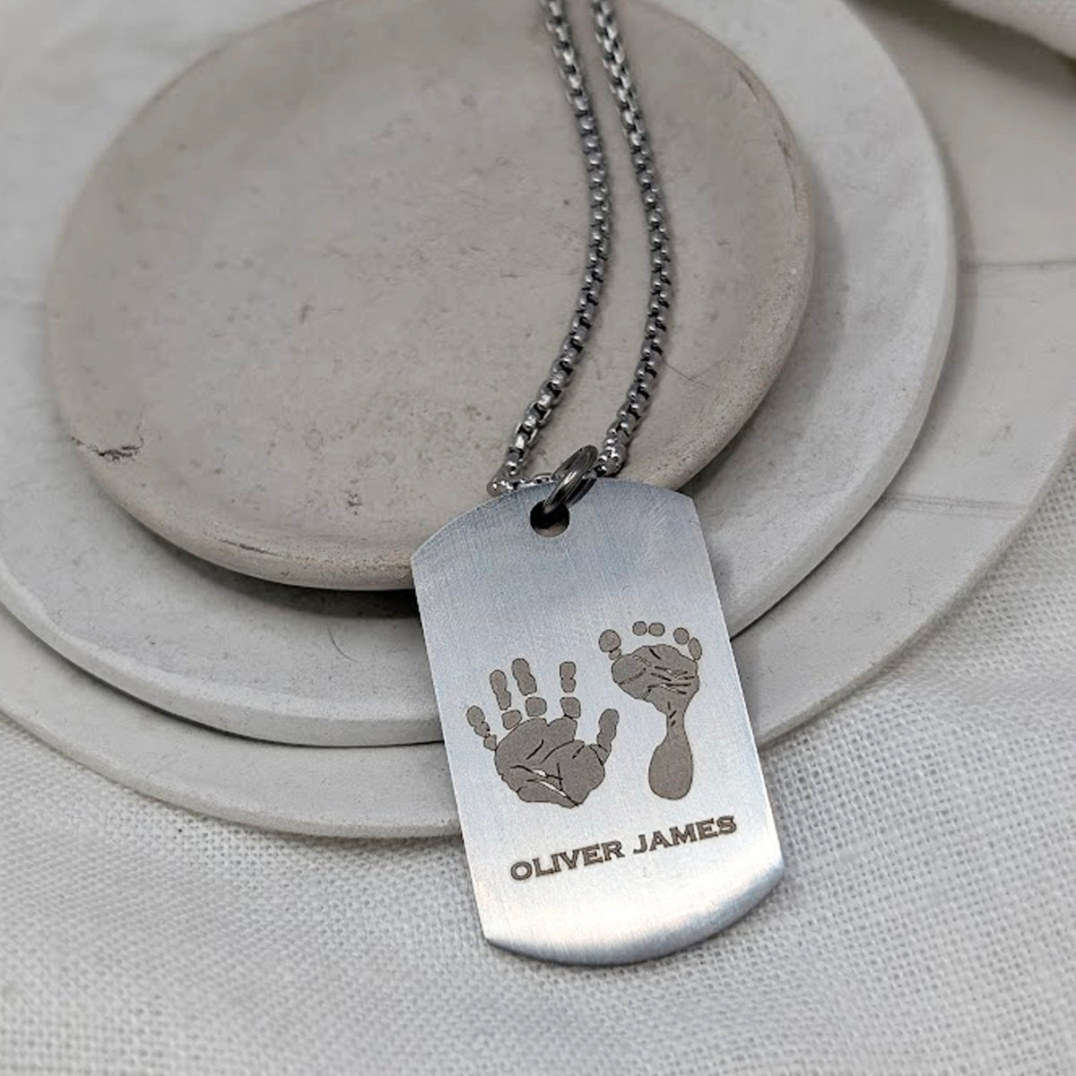 HAND &amp; FOOTPRINT STEEL DOG TAG NECKLACE
