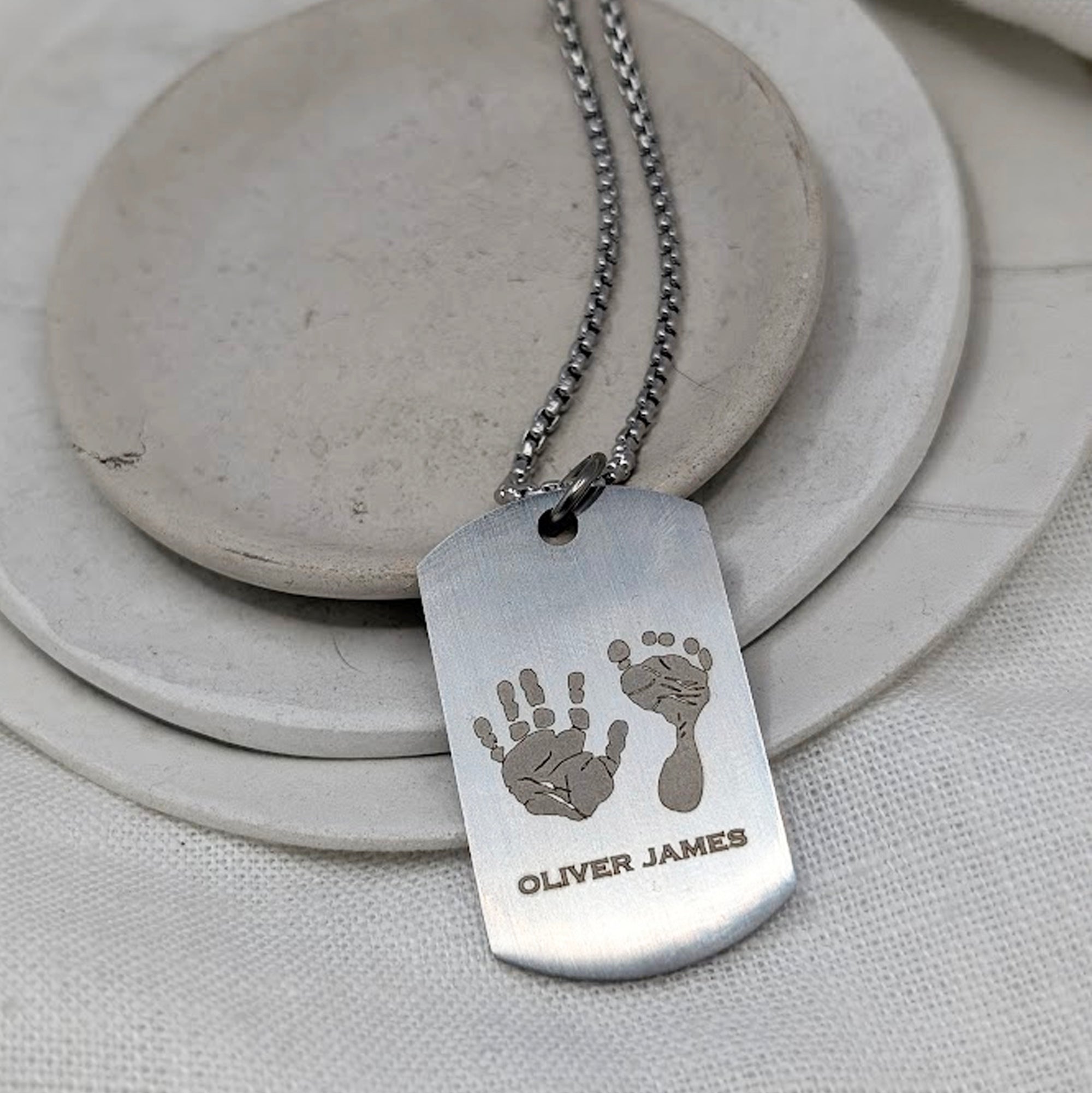 HAND & FOOTPRINT STEEL DOG TAG NECKLACE