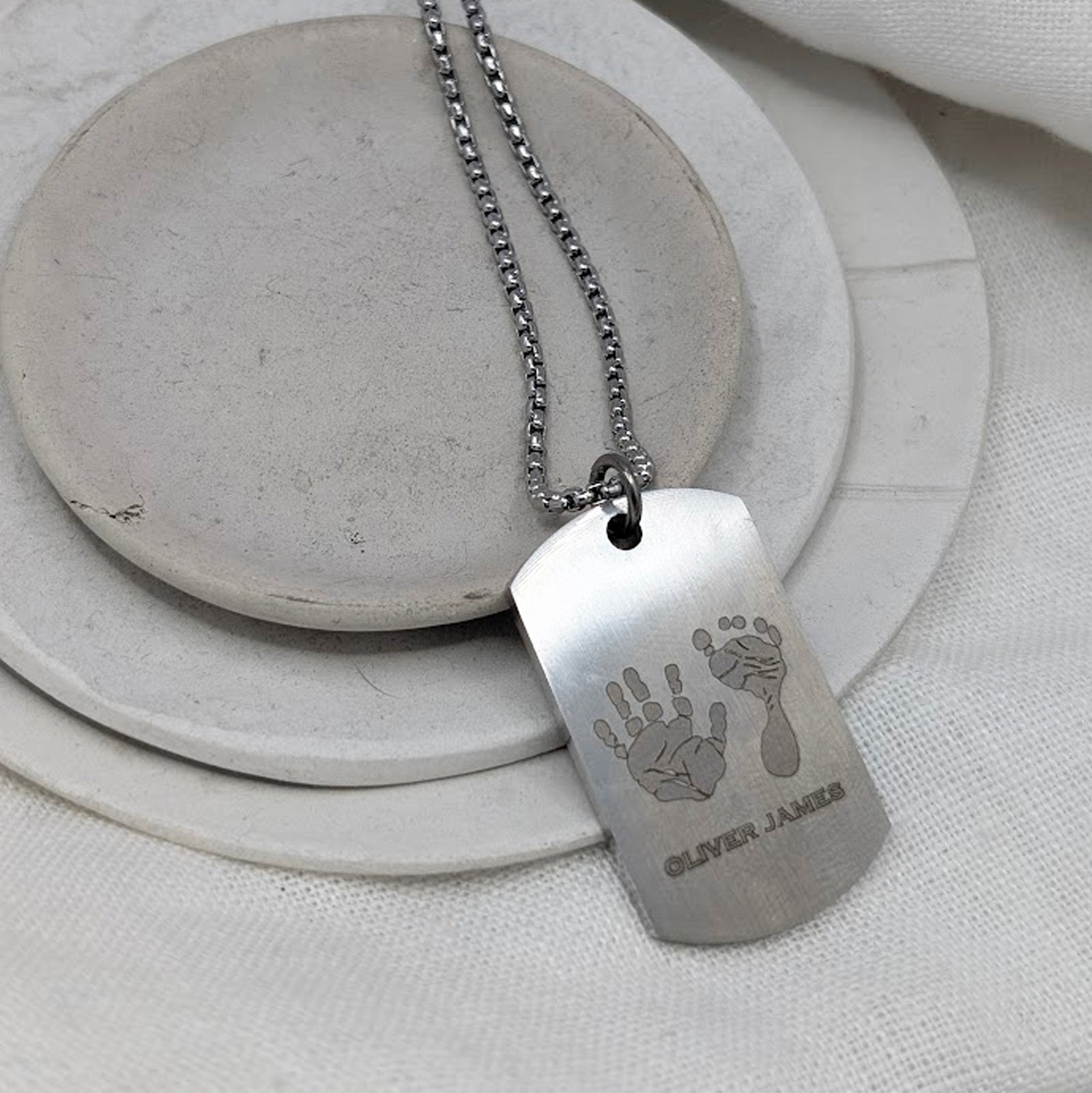 HAND & FOOTPRINT STEEL DOG TAG NECKLACE