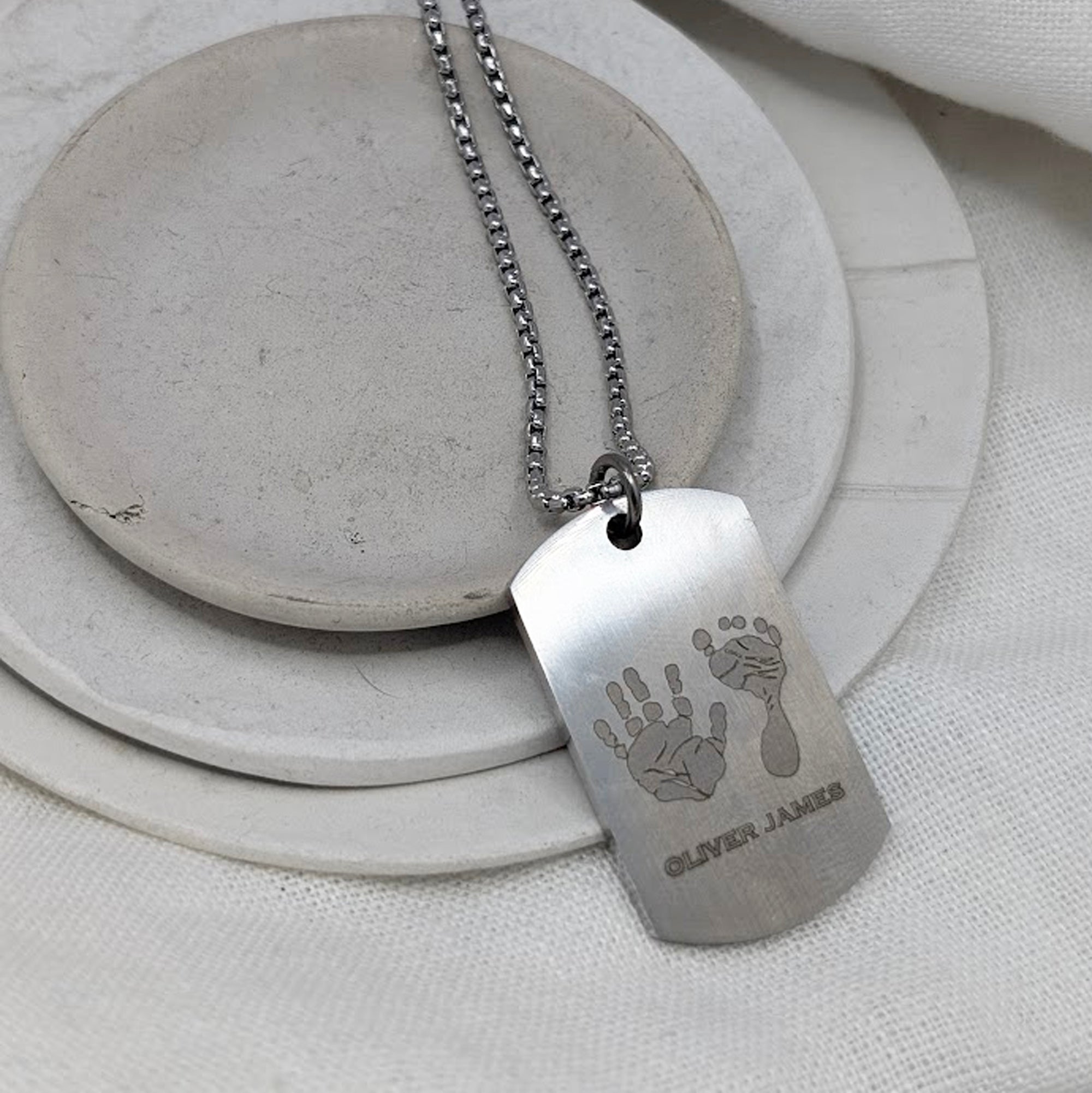 HAND & FOOTPRINT STEEL DOG TAG NECKLACE