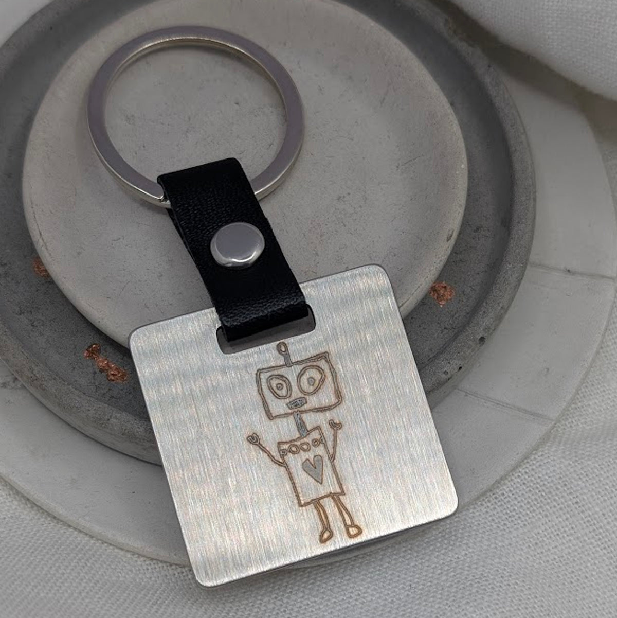 PERSONALISED CHILD&#39;S DRAWING STEEL SQUARE TAG KEYRING