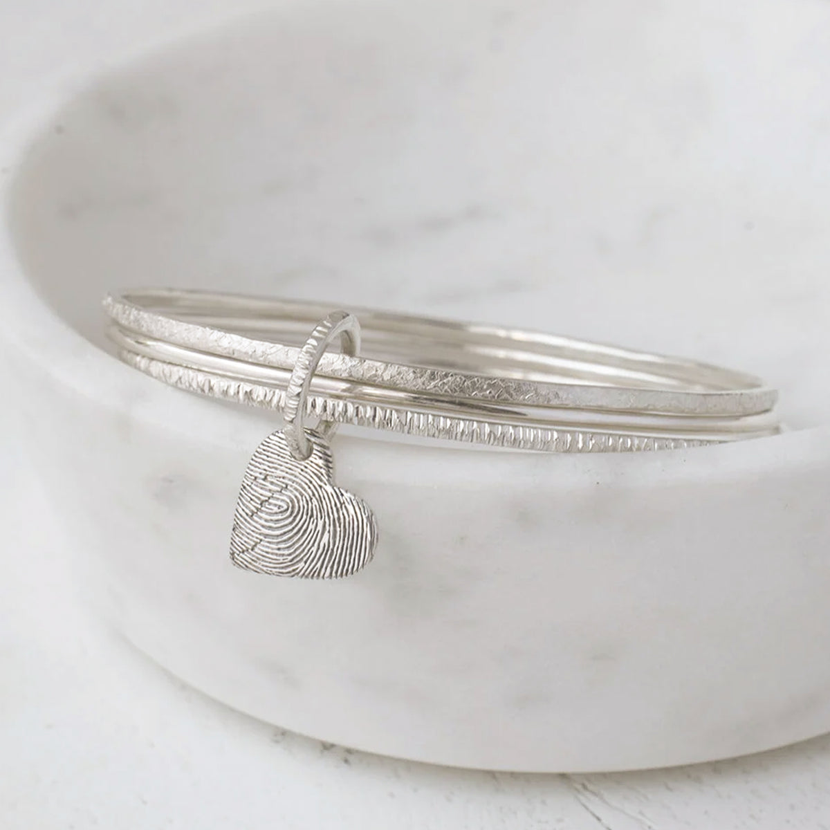 Silver FIngerprint Heart Charm Triple Hammered Bangle | Memorial Jewellery Bracelet