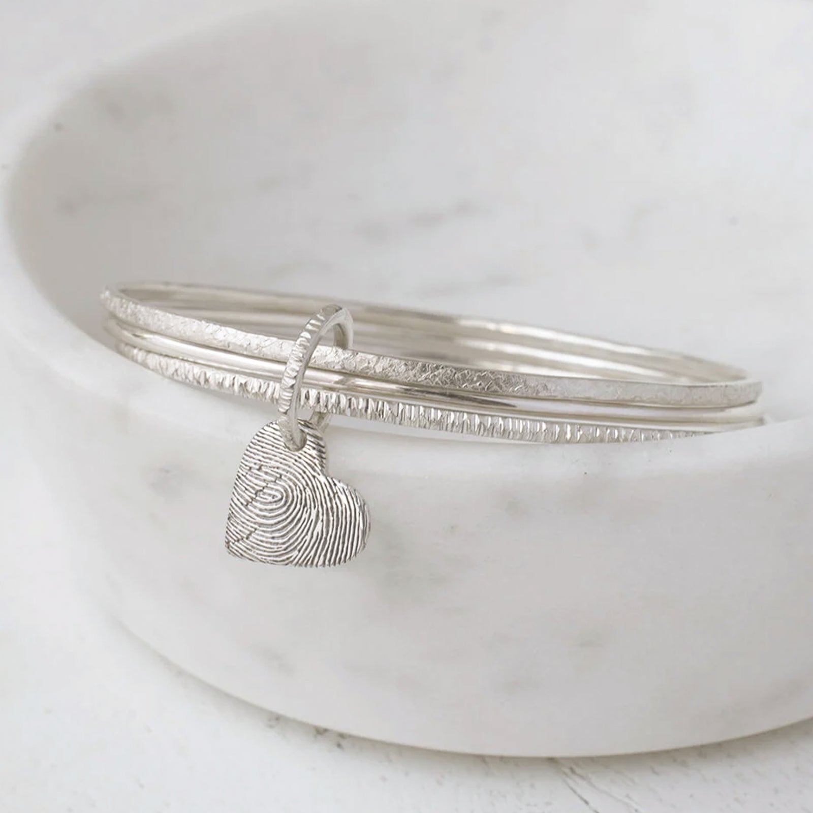 Fingerprint Jewellery - Triple hammered bangle with silver fingerprint charm