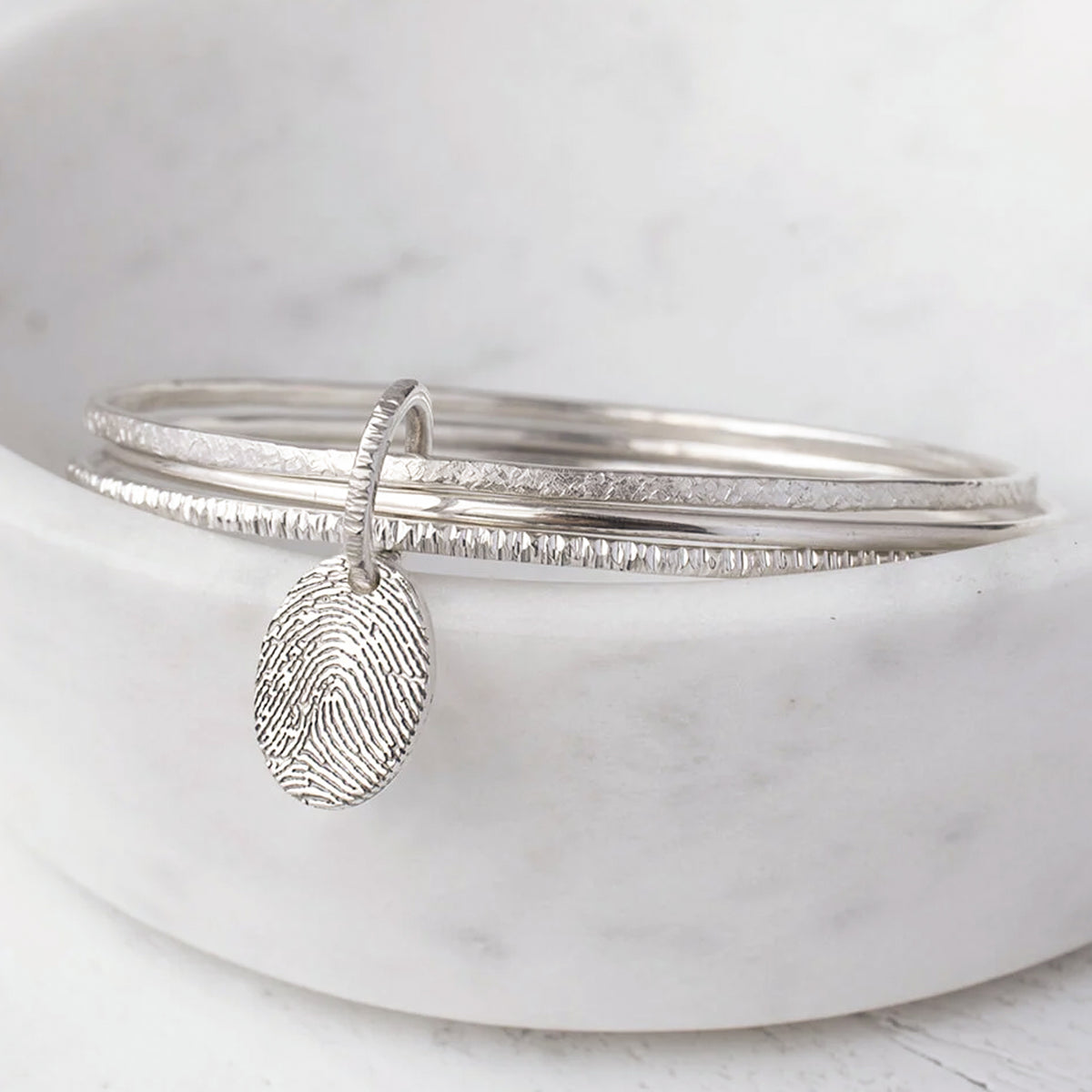 Fingerprint Jewellery - Triple hammered bangle with silver fingerprint charm