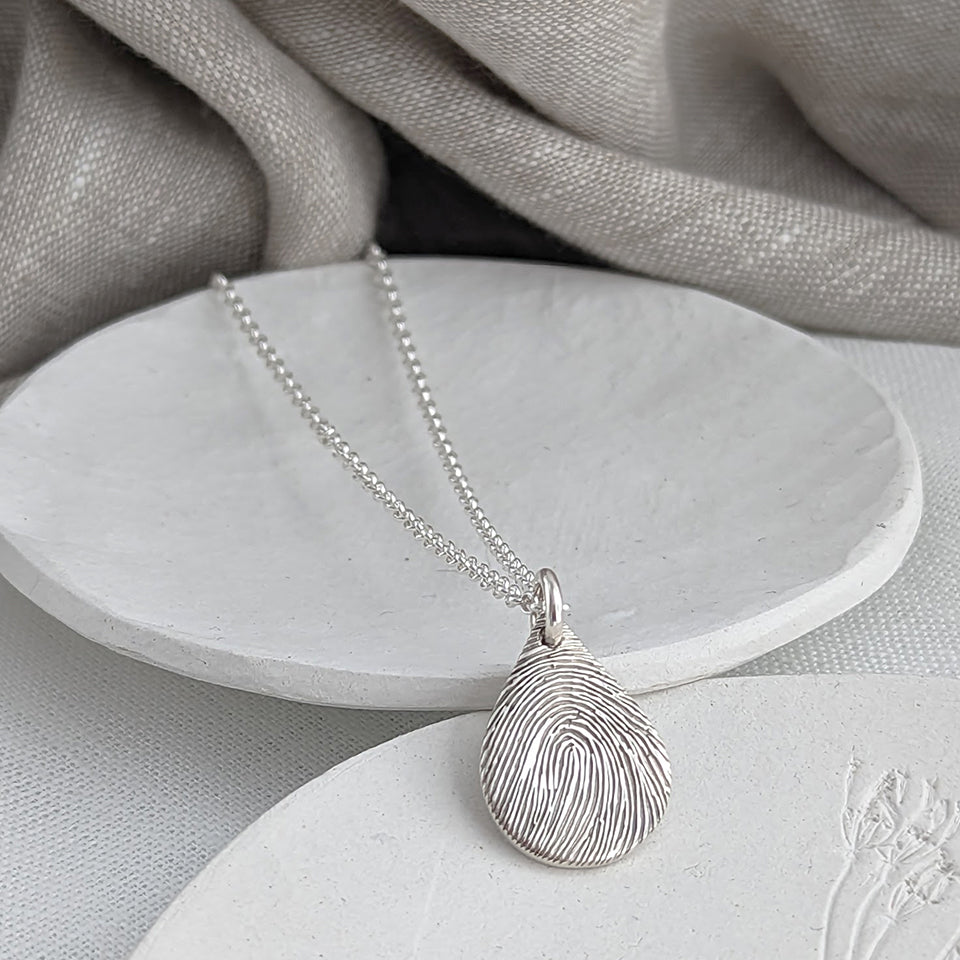 Fingerprint Dewrop Necklace in Sterling Silver or Solid Gold | Memorial or Keepsake Necklace