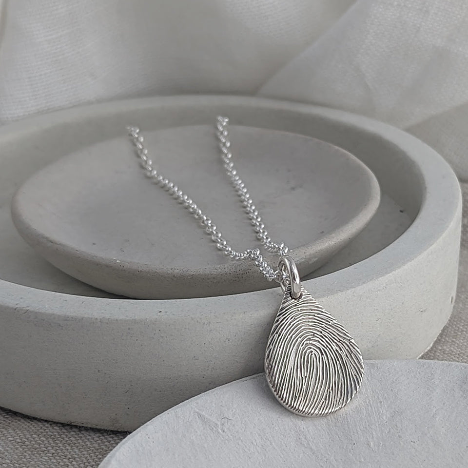 Fingerprint Dewrop Necklace in Sterling Silver or Solid Gold | Memorial or Keepsake Necklace
