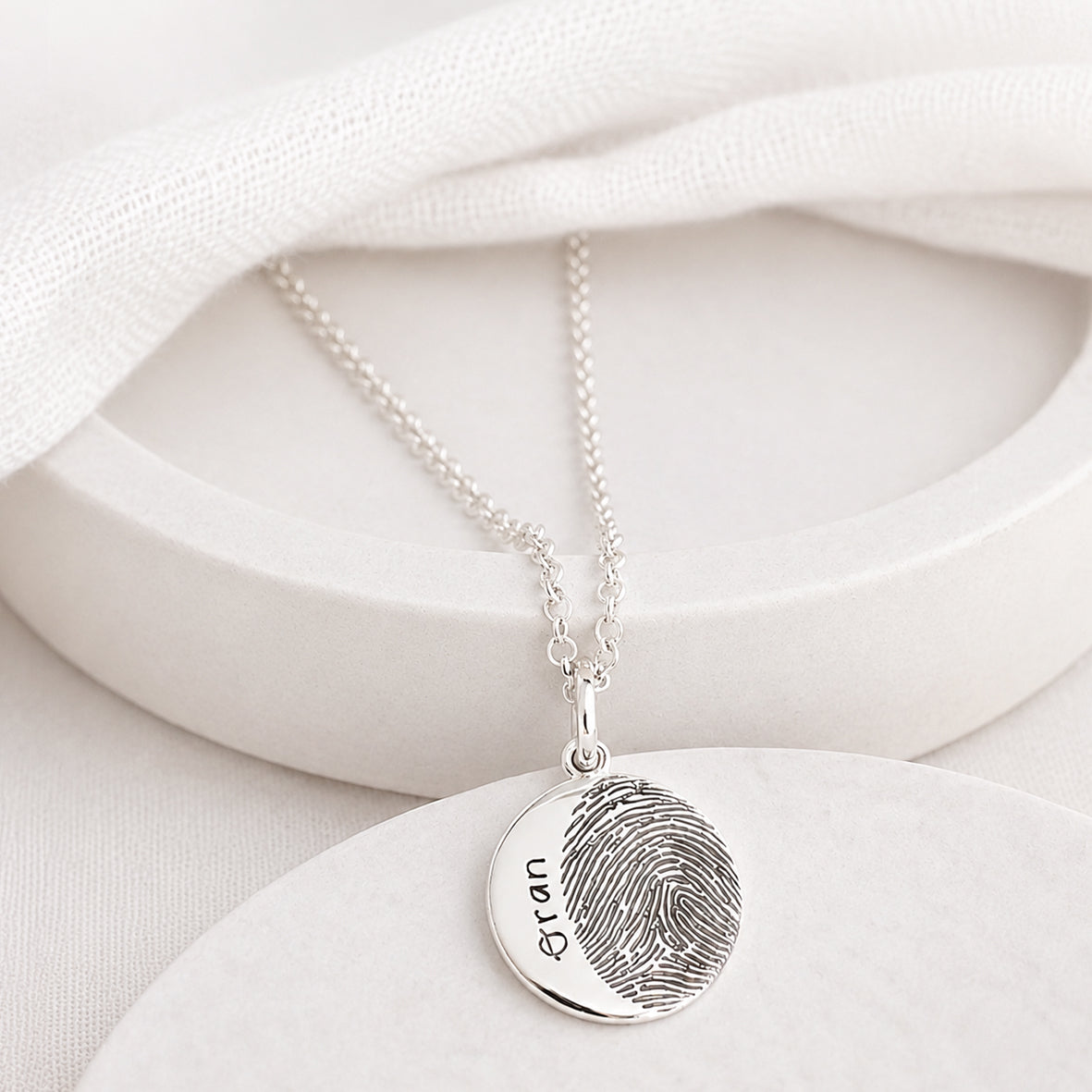 silver fingerprint charm - round - engraved with name
