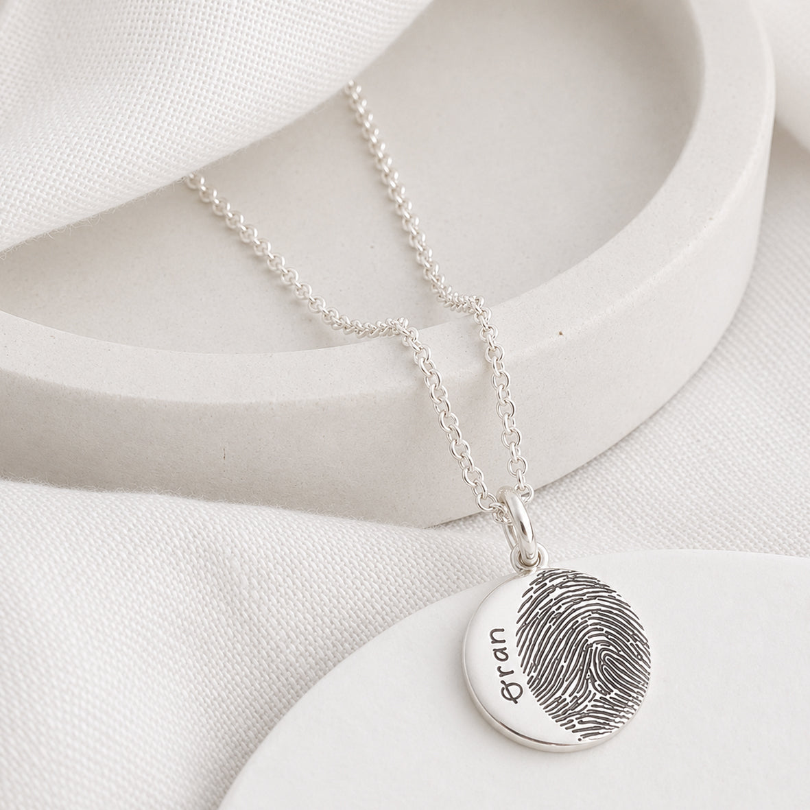 silver fingerprint charm - round - engraved with name