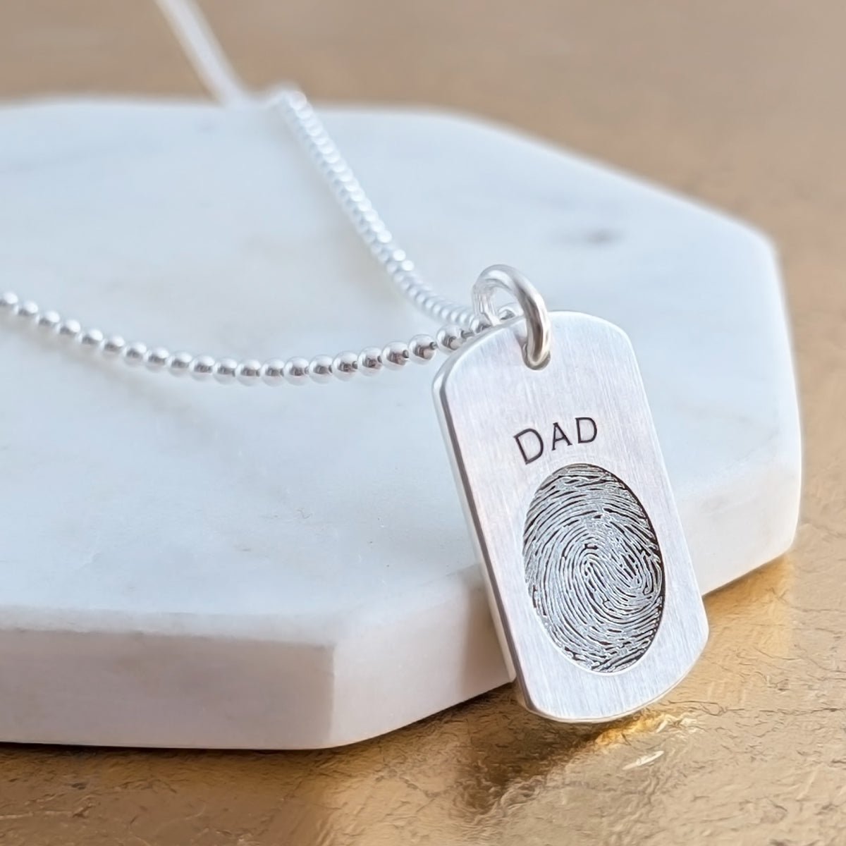 Memorial Fingerprint Dog Tag Necklace in Silver and Gold