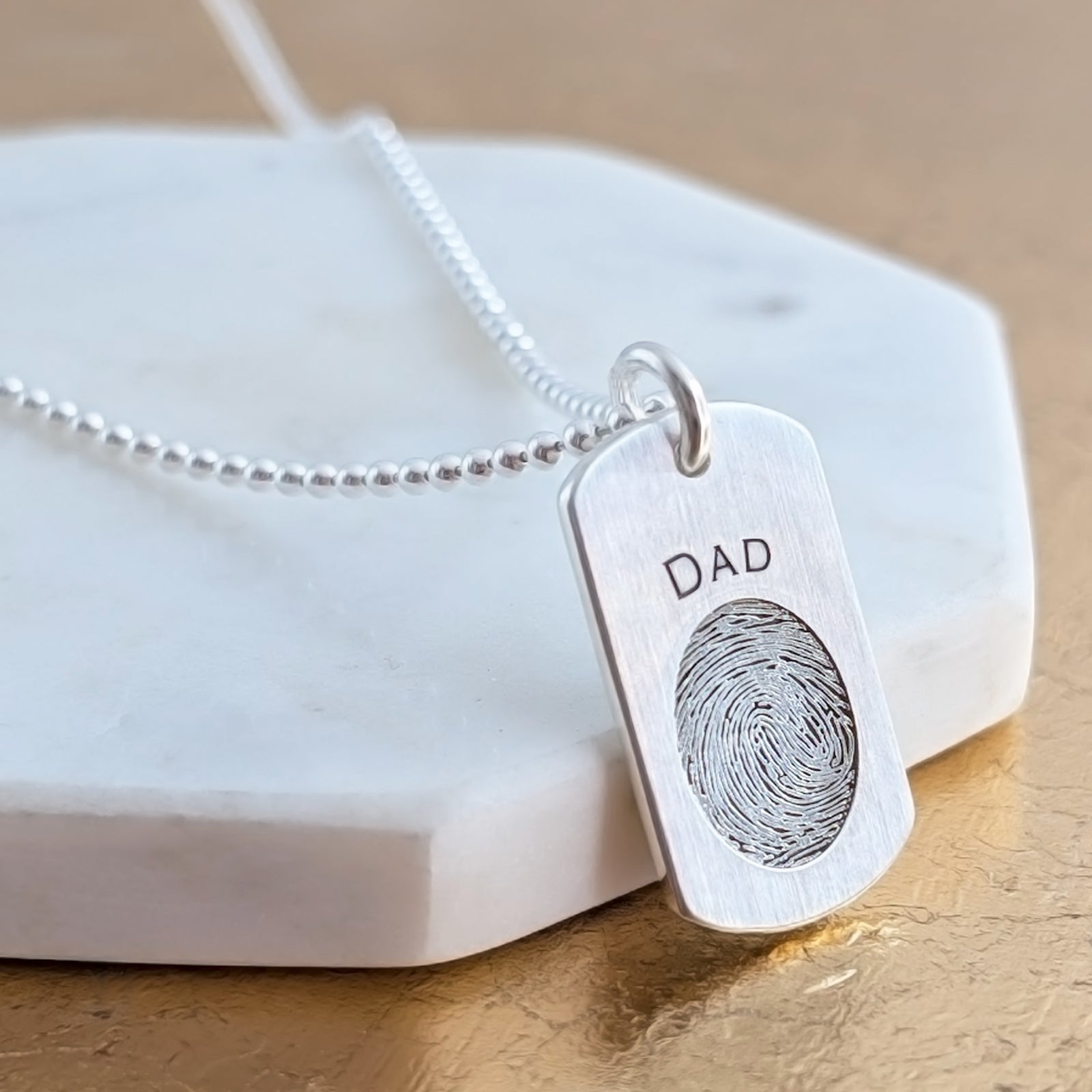Memorial Fingerprint Dog Tag Necklace in Silver and Gold