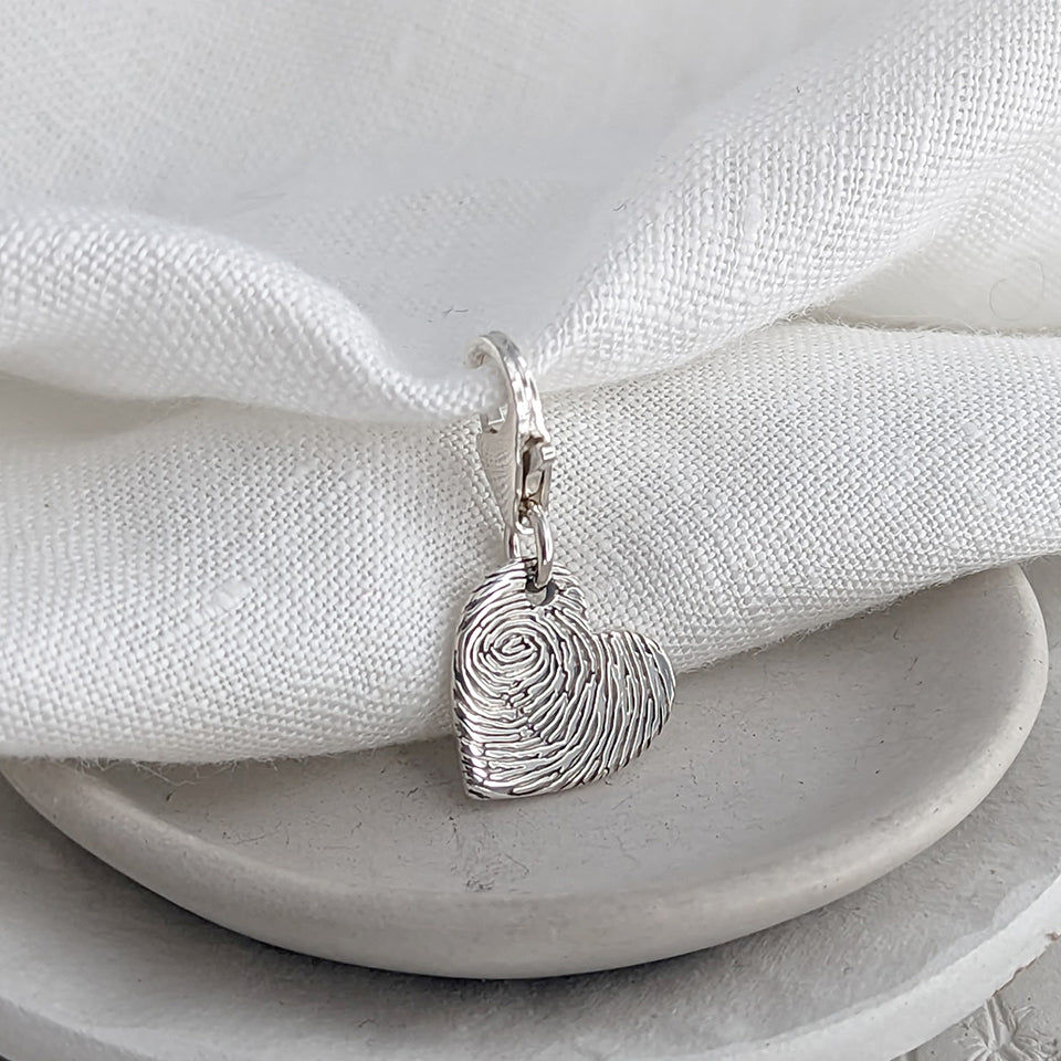 Silver or Gold Fingerprint Heart Charm on Clip