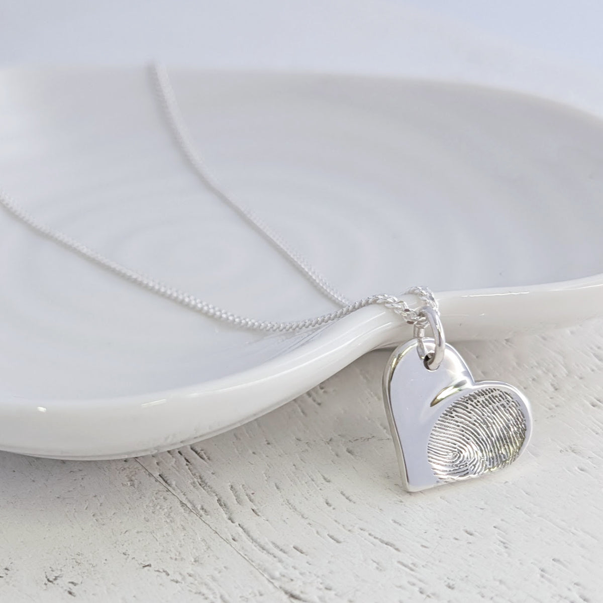 Memorial Fingerprint Heart Charm Necklace in Sterling Silver or Solid Gold