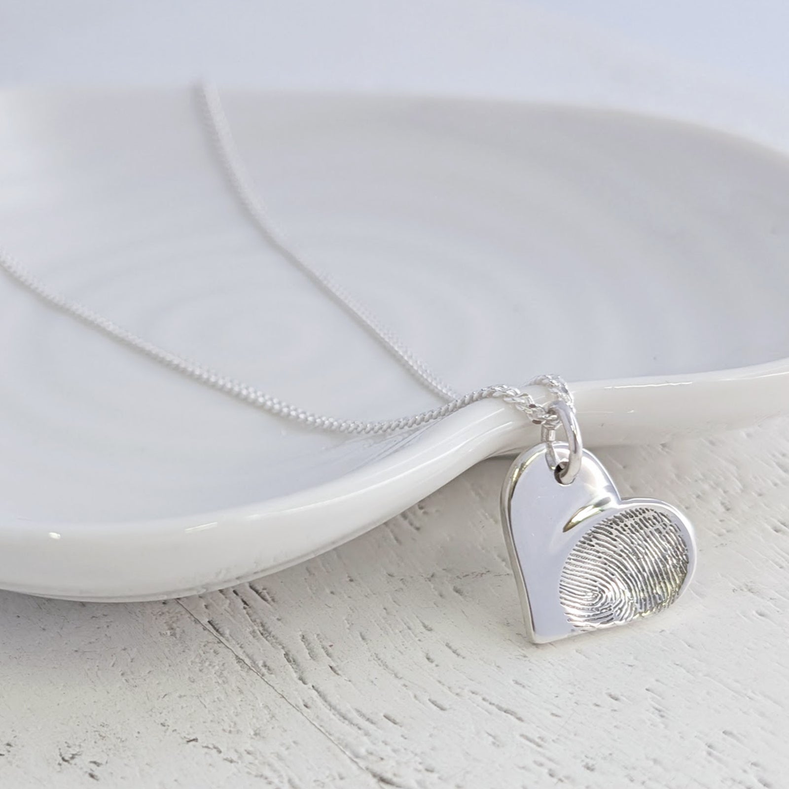 Memorial Fingerprint Heart Charm Necklace in Sterling Silver or Solid Gold
