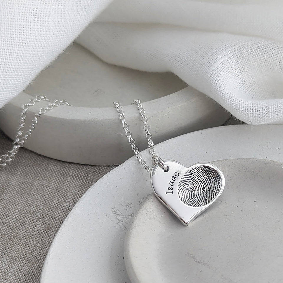 Fingerprint Impression Heart Necklace Silver Solid Gold Hold
