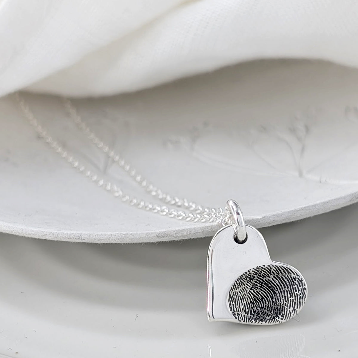 Memorial Fingerprint Heart Charm Necklace in Sterling Silver or Solid Gold