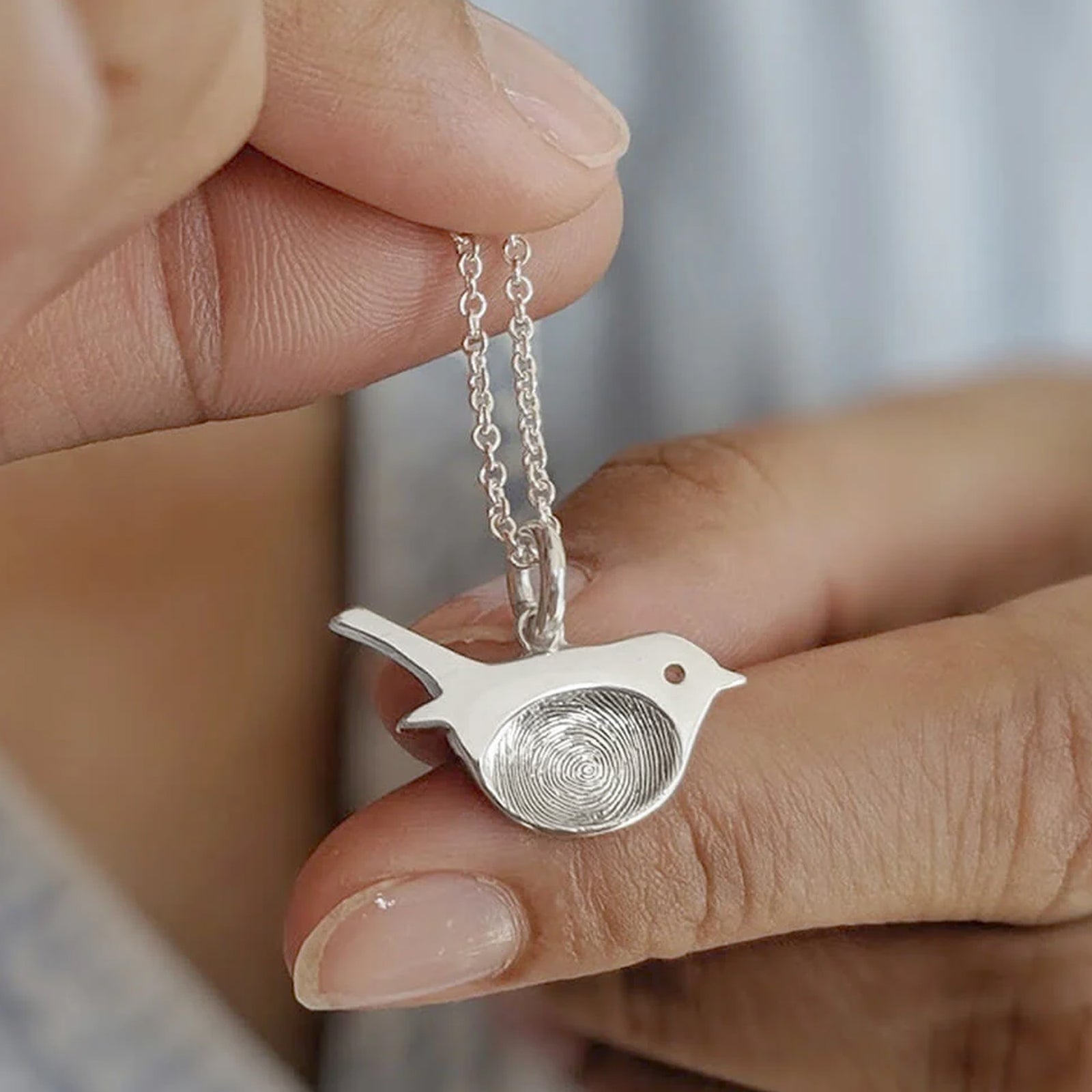 Memorial fingerprint robin necklace in sterling silver or solid gold.