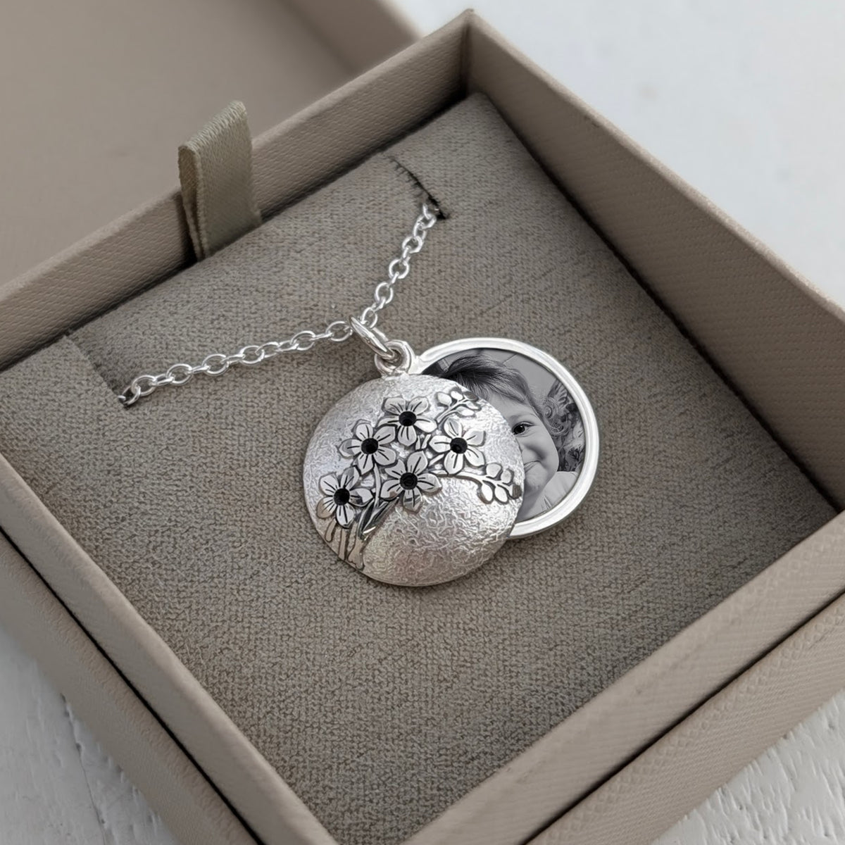 Handmade silver photo locket - forget-me-not