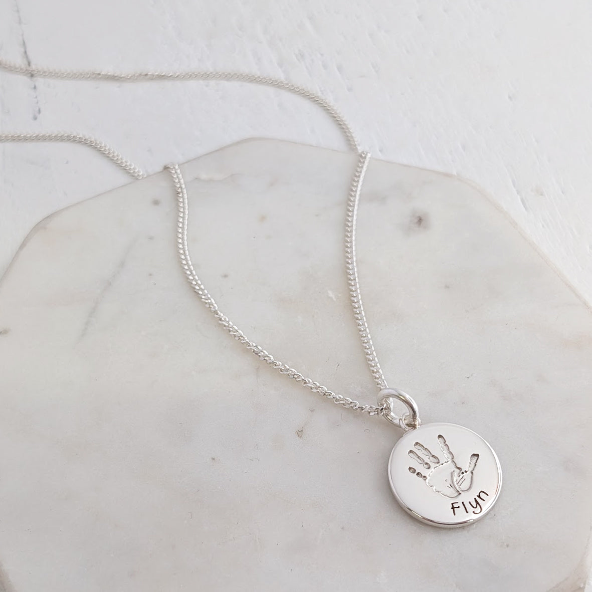 Baby handprint keepsake charm necklace handmade insterling silver with name