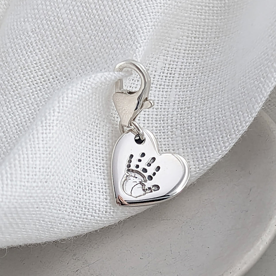 Baby Handprint and Footprint Silver Heart Charm with Clip AttachmentBaby Handprint and Footprint Silver Heart Charm with Clip Attachment